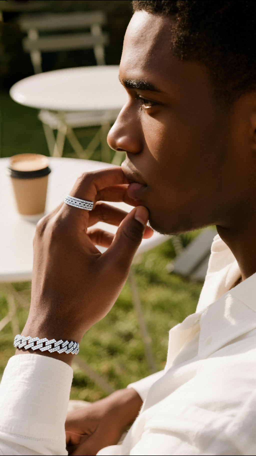 man profile with Own Your Bloom 14K diamond Cuban ring, elegant pose – Chicago jewelry lovers