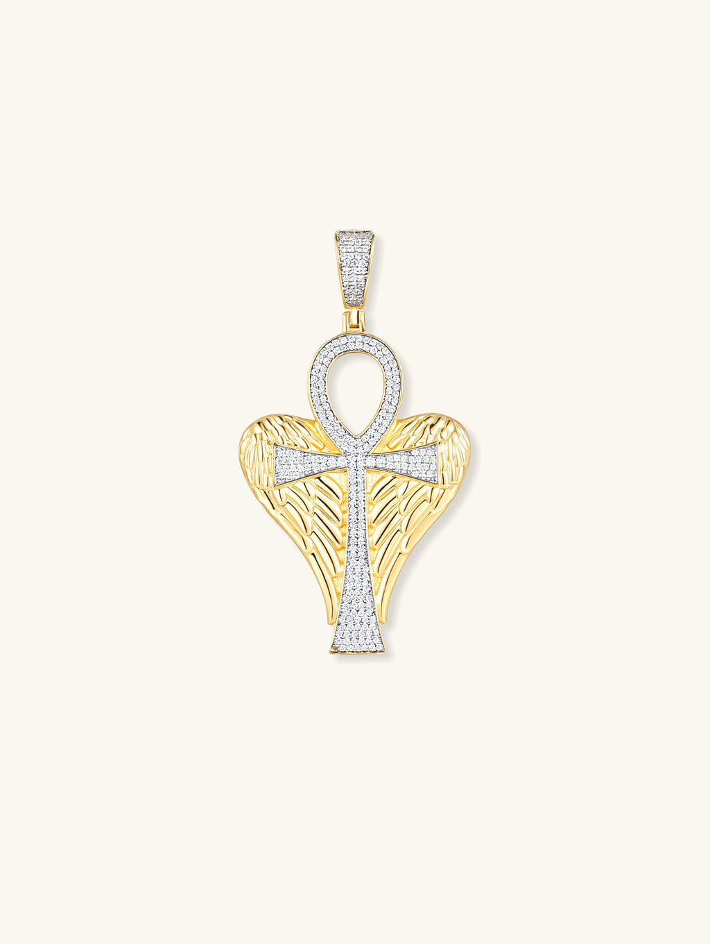 Own Your Bloom 14K diamond Egyptian Ankh cross pendant with angel wings, front view on white, New York.