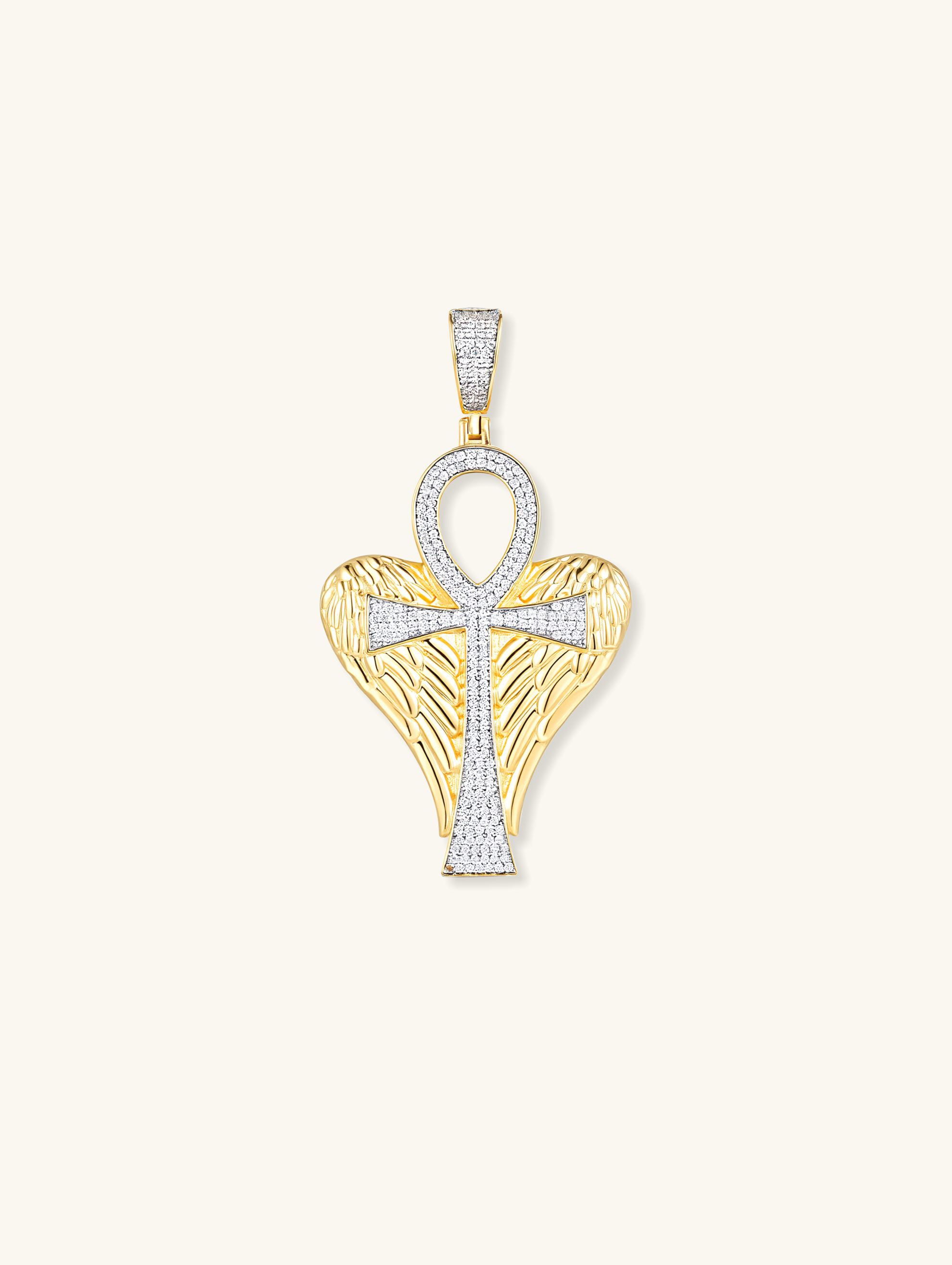 Own Your Bloom 14K diamond Egyptian Ankh cross pendant with angel wings, front view on white, New York.