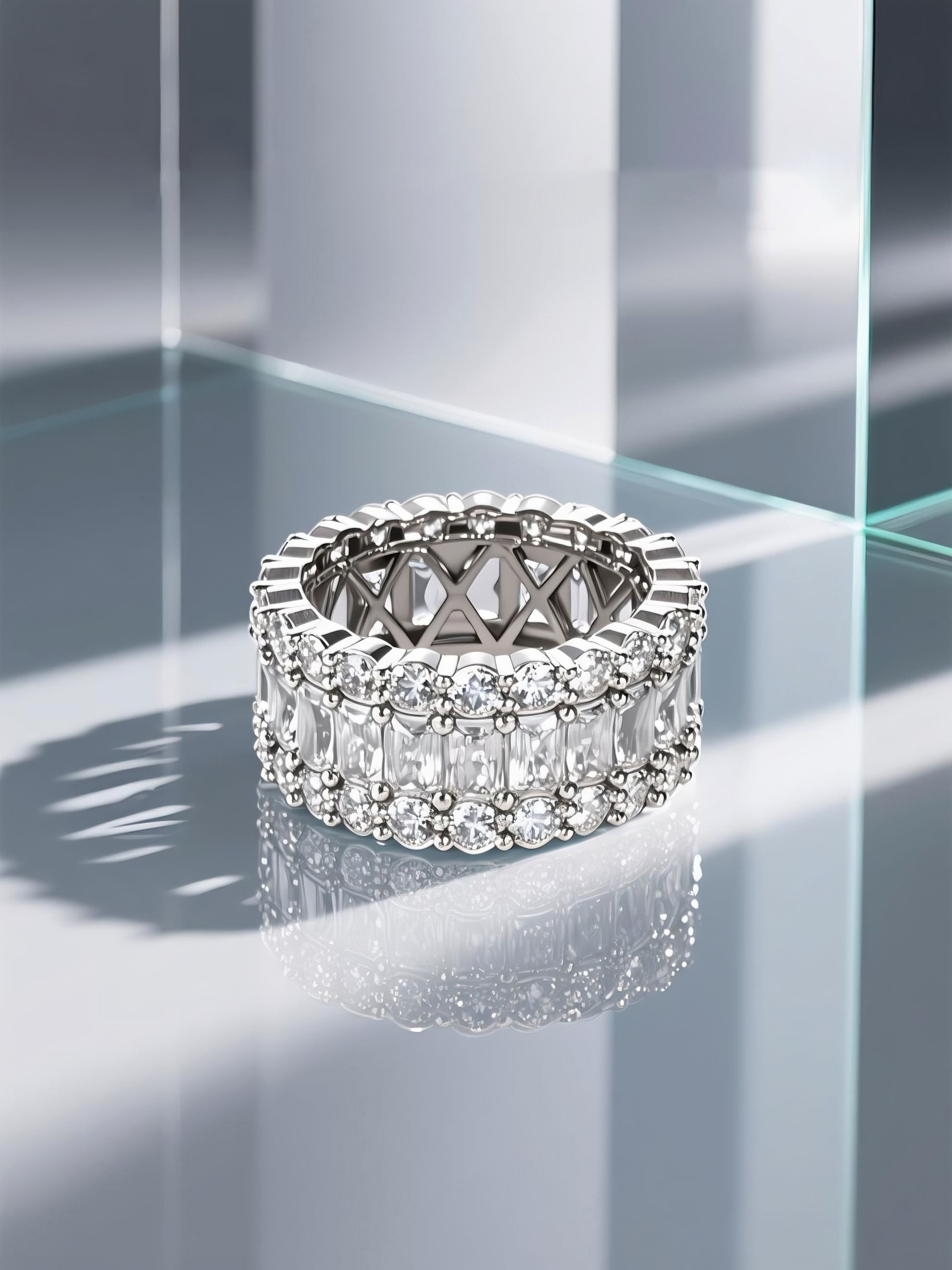 Own Your Bloom 14K diamond ring with modern lighting design, radiant high-end jewelry aesthetic, Houston.