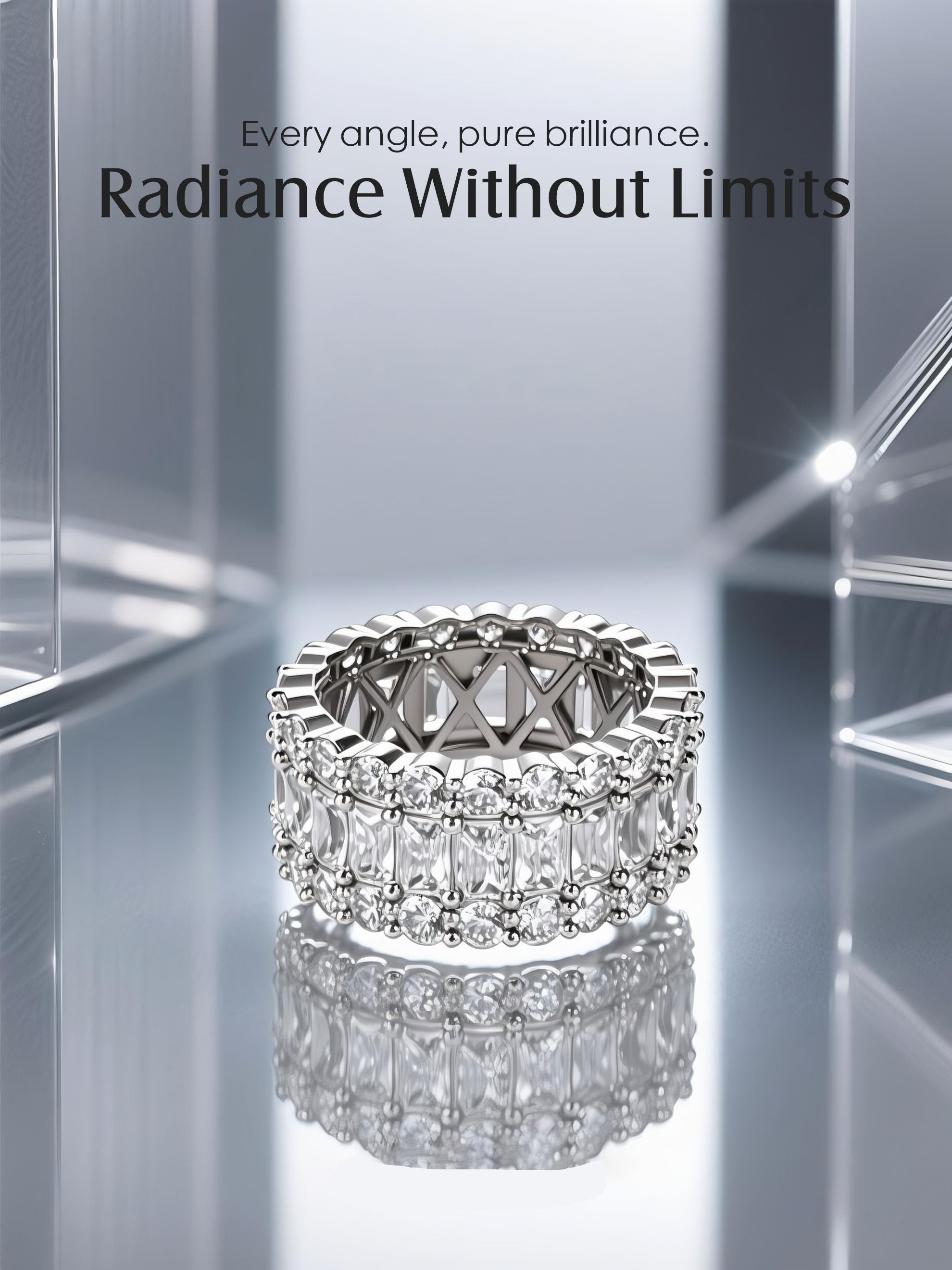 Own Your Bloom wide 14K diamond eternity ring on mirrored silver surface, luxury jewelry reflection photography, San Diego.