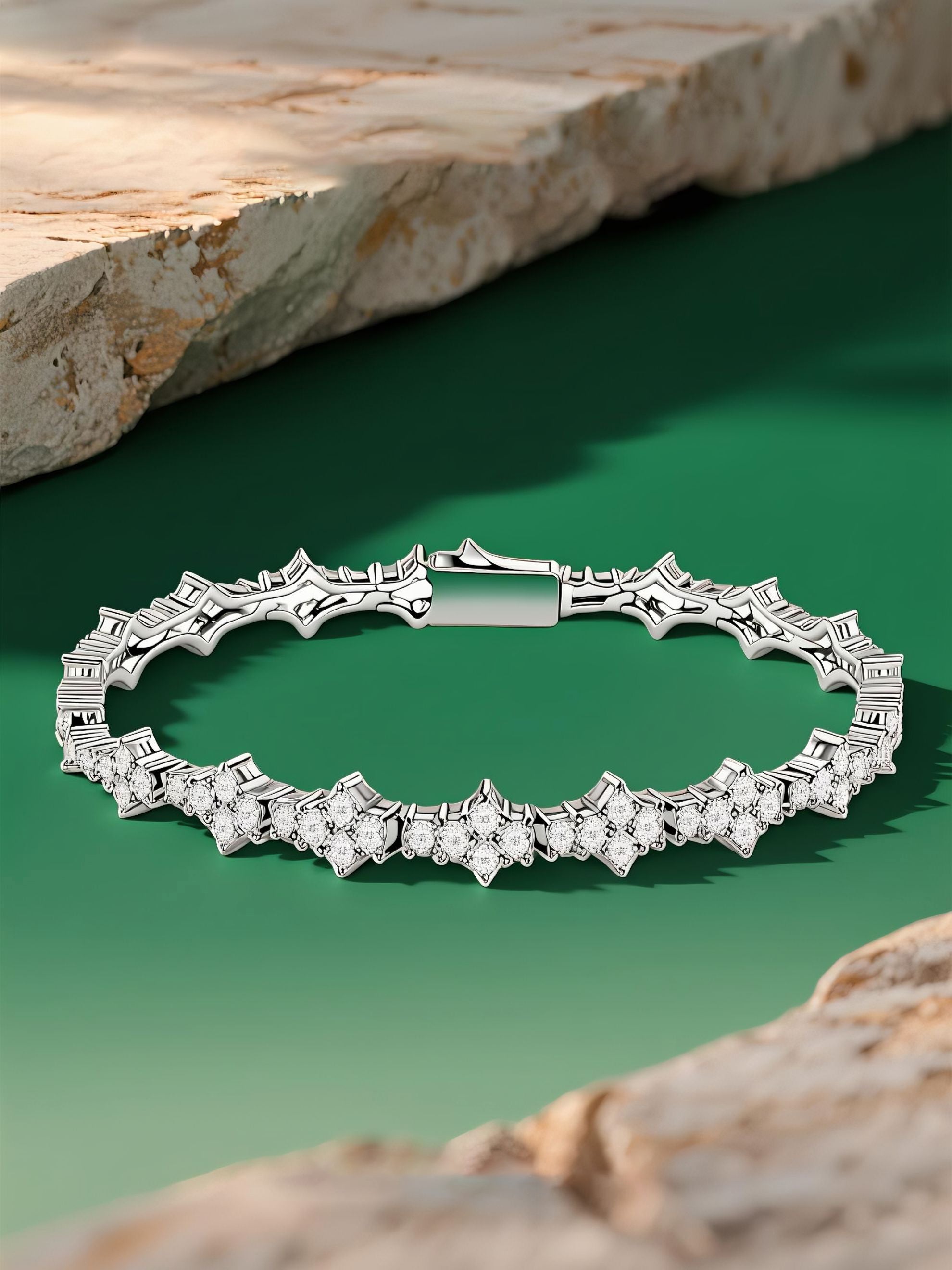 Own Your Bloom 14K diamond tennis bracelet displayed on marble stone with soft studio lighting, Los Angeles.