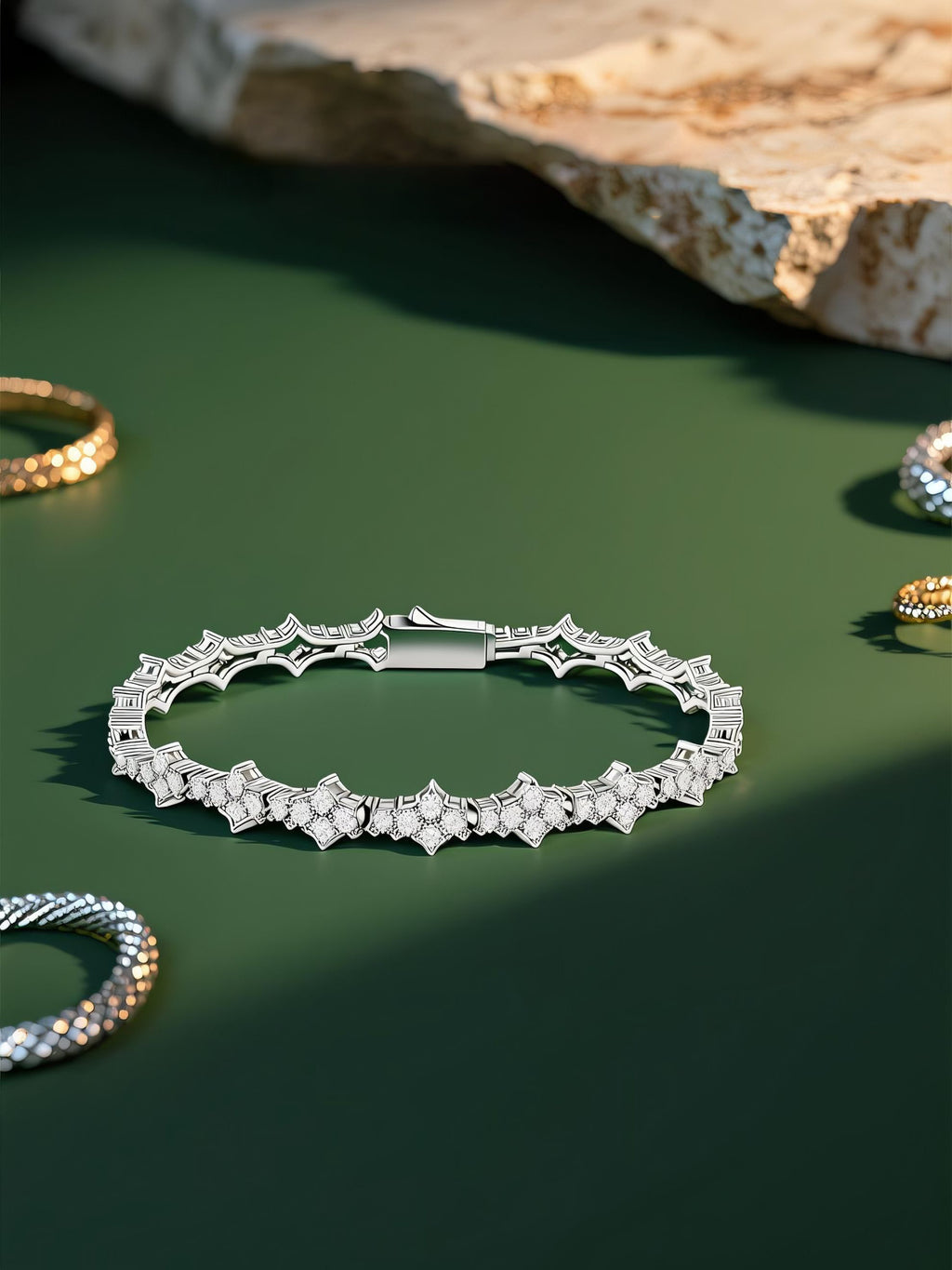 Own Your Bloom white gold 14K diamond tennis bracelet showcased with luxury accessories on green background, Miami.