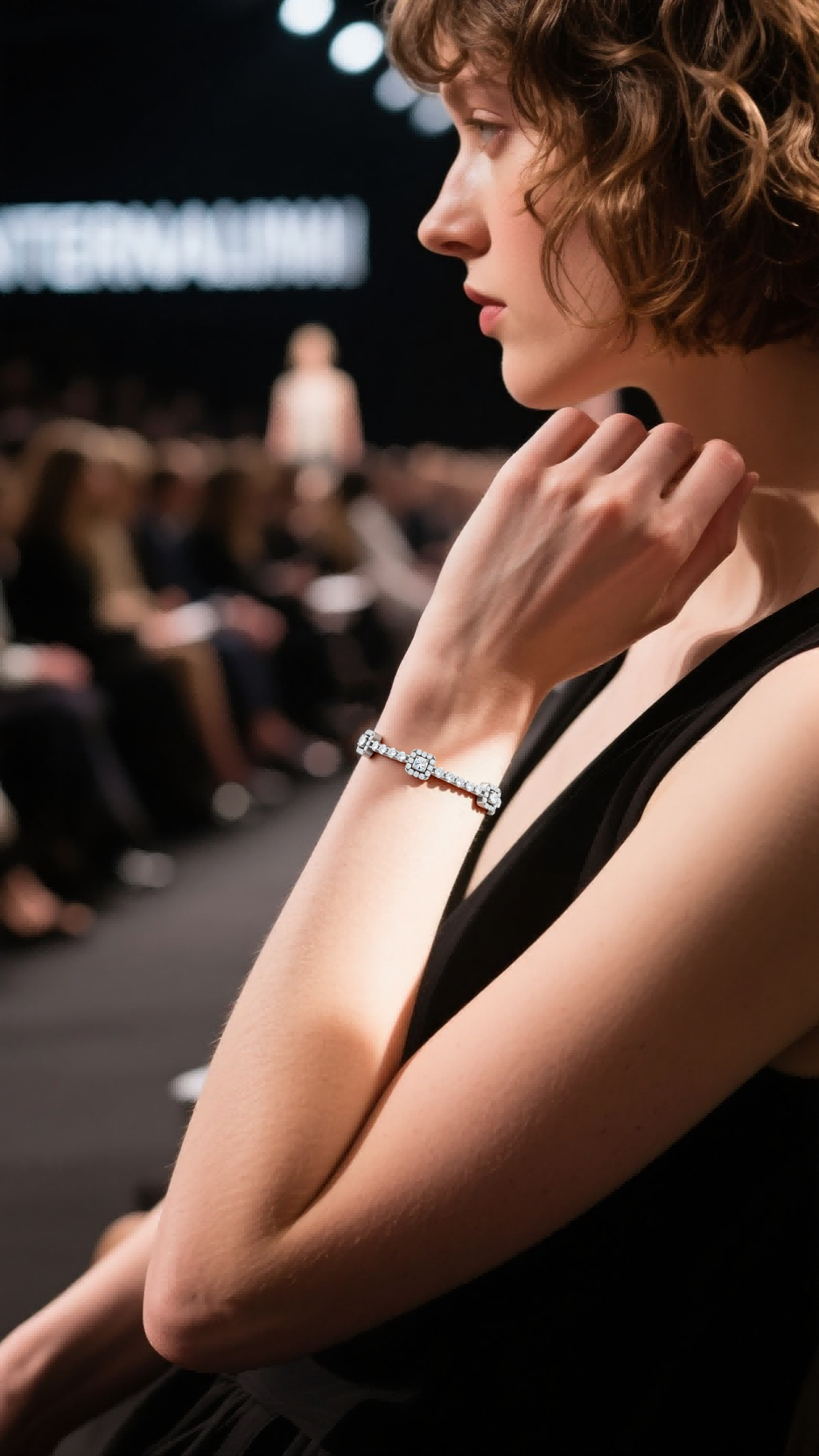 Own Your Bloom 14K diamond tennis bracelet on woman in black dress at event, timeless sparkle and sophistication, Miami.