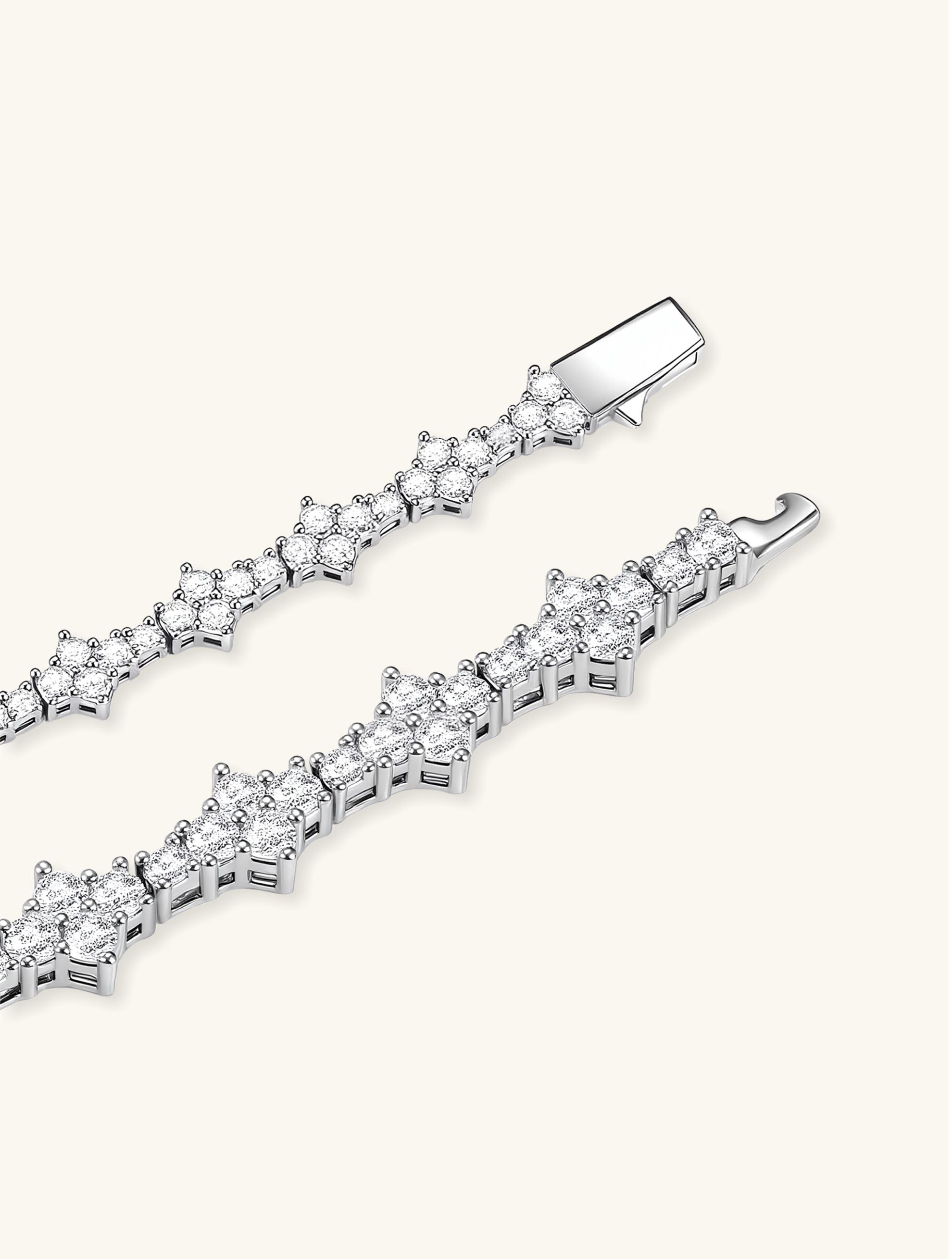 Own Your Bloom luxury 14K diamond tennis bracelet top view on neutral background, elegant women’s jewelry, San Francisco.