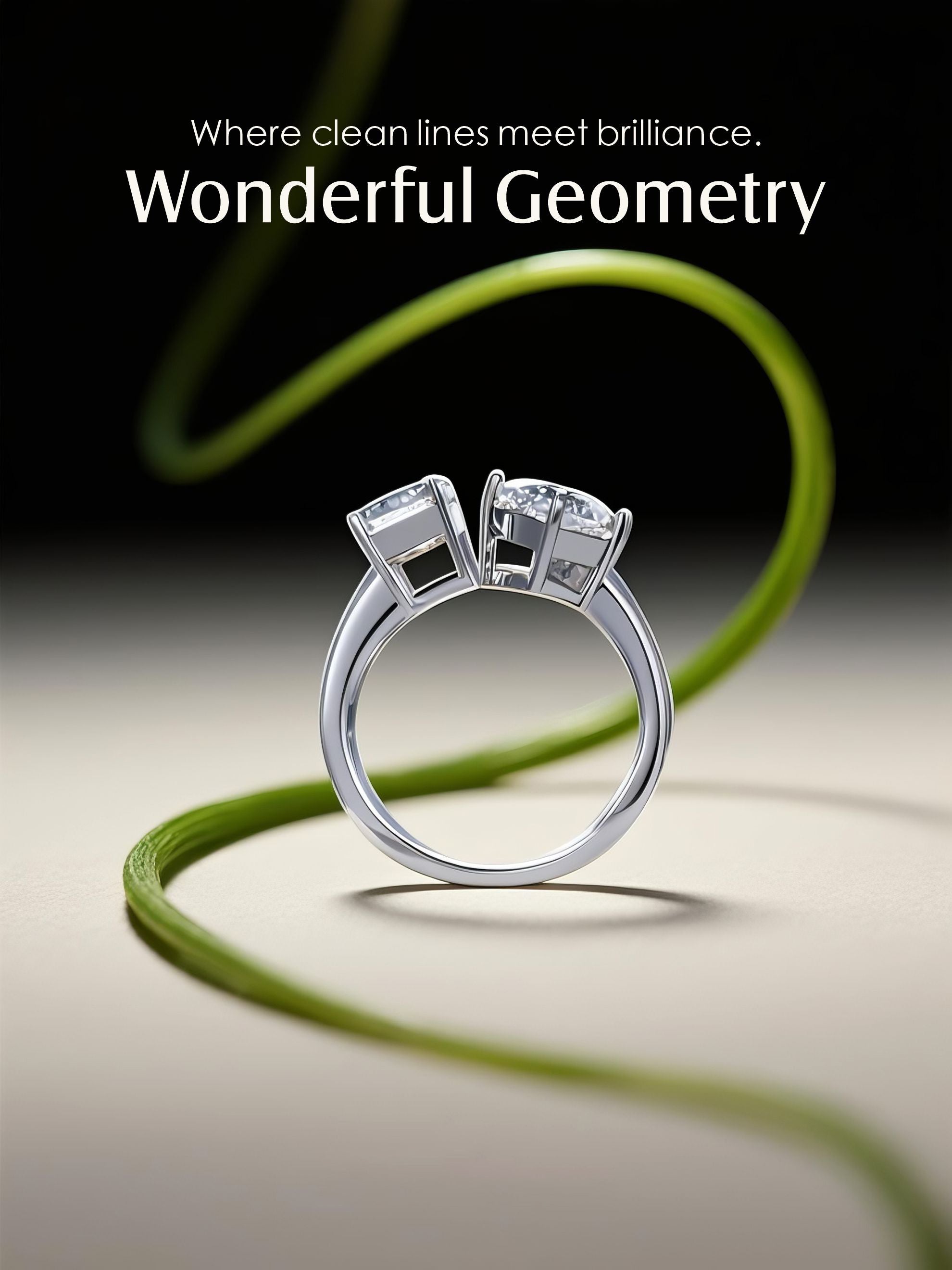 Own Your Bloom double gemstone 14K ring displayed with green stem accent on neutral background, contemporary luxury jewelry, Los Angeles.