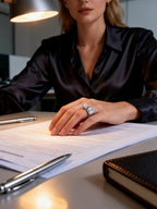 Own Your Bloom 14K double gemstone diamond ring on woman’s hand close-up, reflecting brilliance and sophistication, Los Angeles.