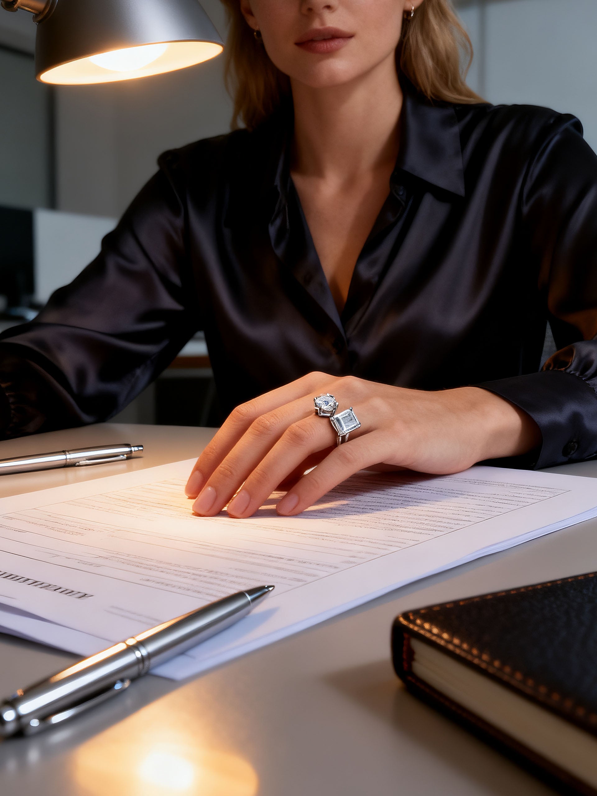 Own Your Bloom 14K double gemstone diamond ring on woman’s hand close-up, reflecting brilliance and sophistication, Los Angeles.
