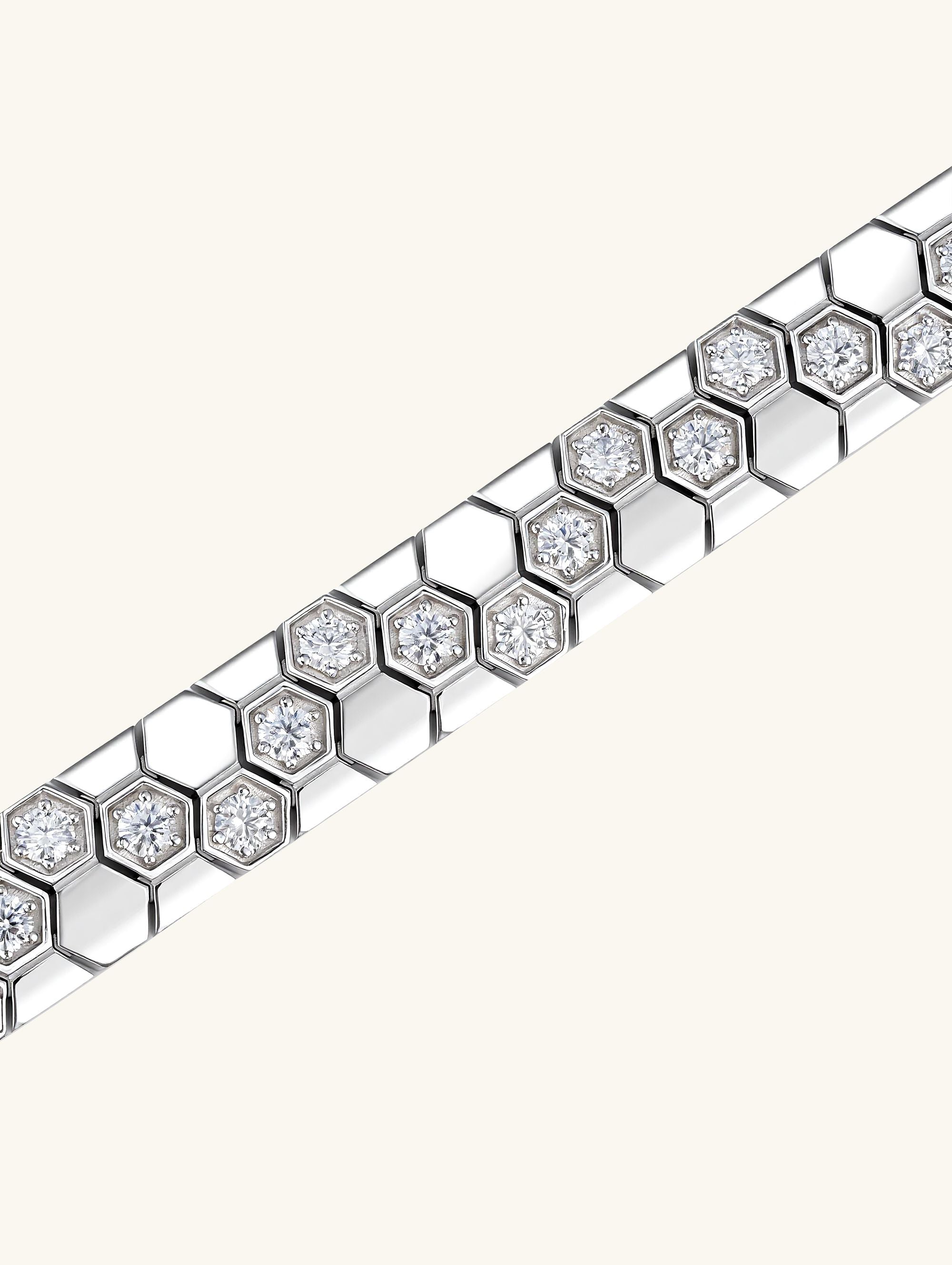 Own Your Bloom 14K geometric honeycomb bracelet close-up detail showing diamond-like brilliance and luxury structure, Chicago.