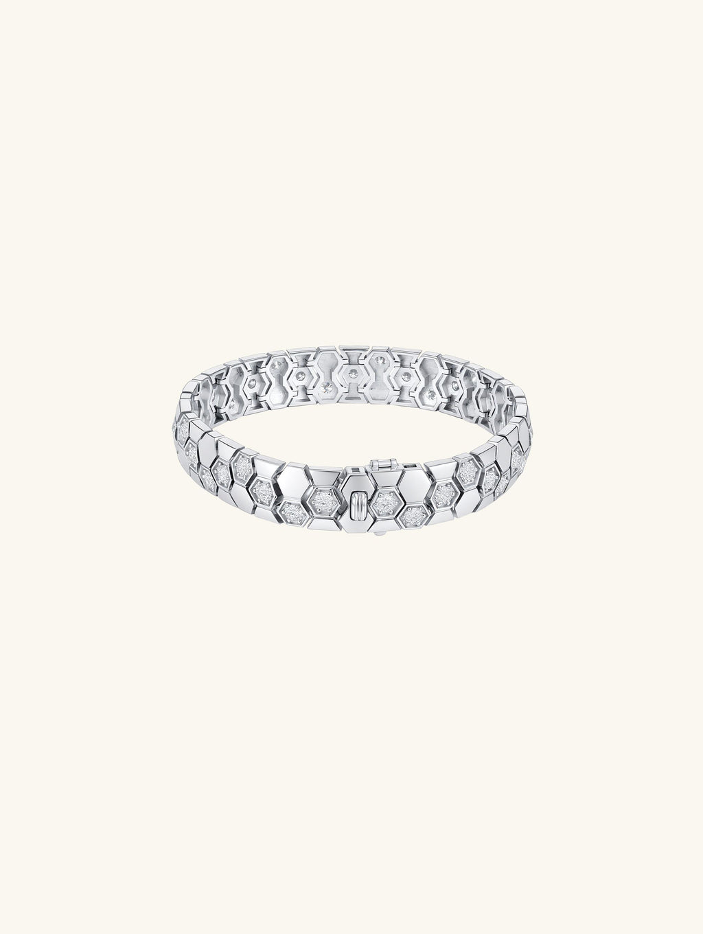 Own Your Bloom 14K geometric honeycomb bracelet front view featuring hexagonal pattern and moissanite sparkle in white gold, New York.
