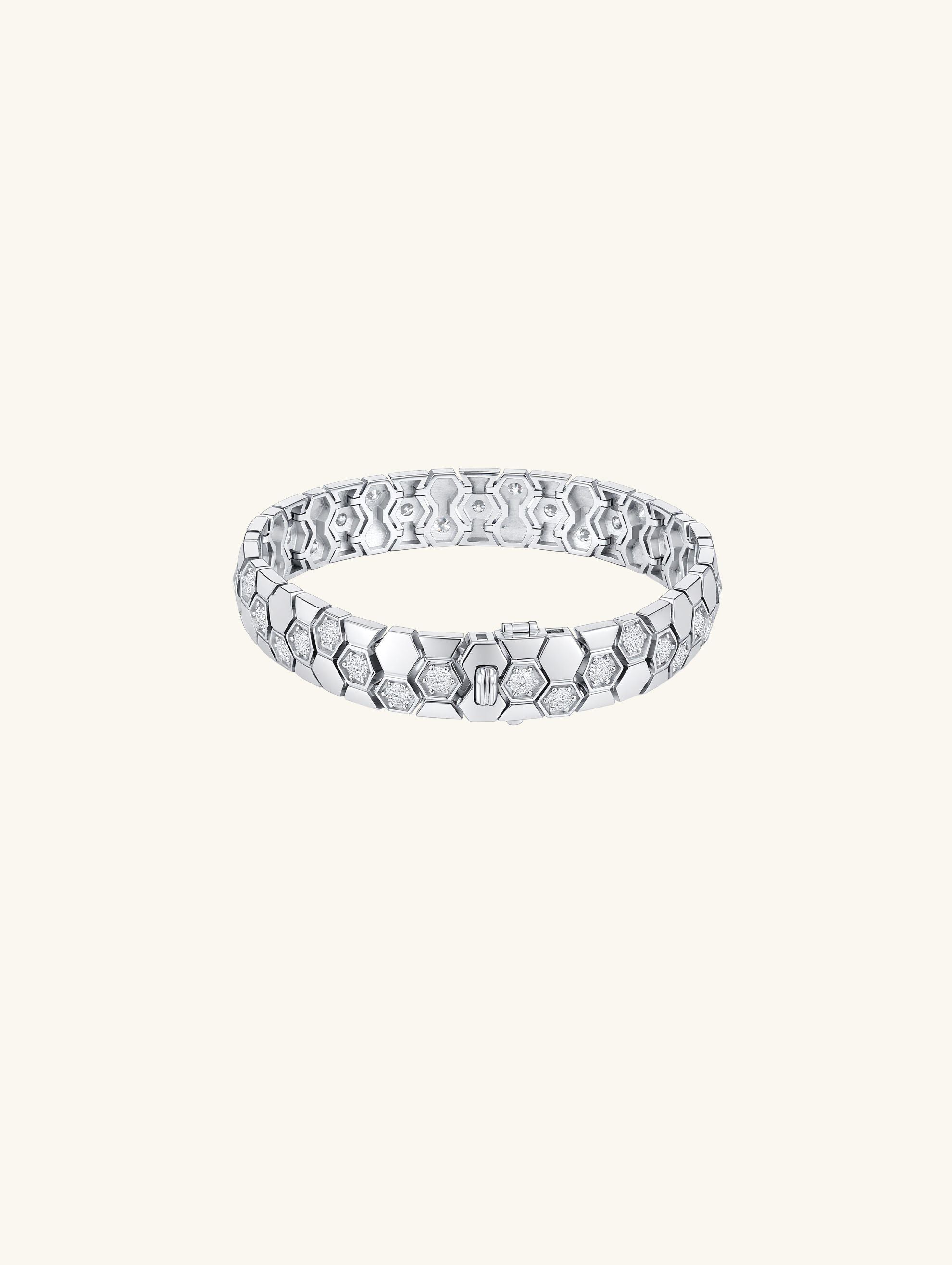 Own Your Bloom 14K geometric honeycomb bracelet front view featuring hexagonal pattern and moissanite sparkle in white gold, New York.