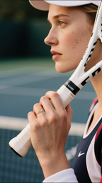 Own Your Bloom 14K gold diamond baguette ring on woman holding tennis racket in sunlight, sporty chic jewelry, Los Angeles.
