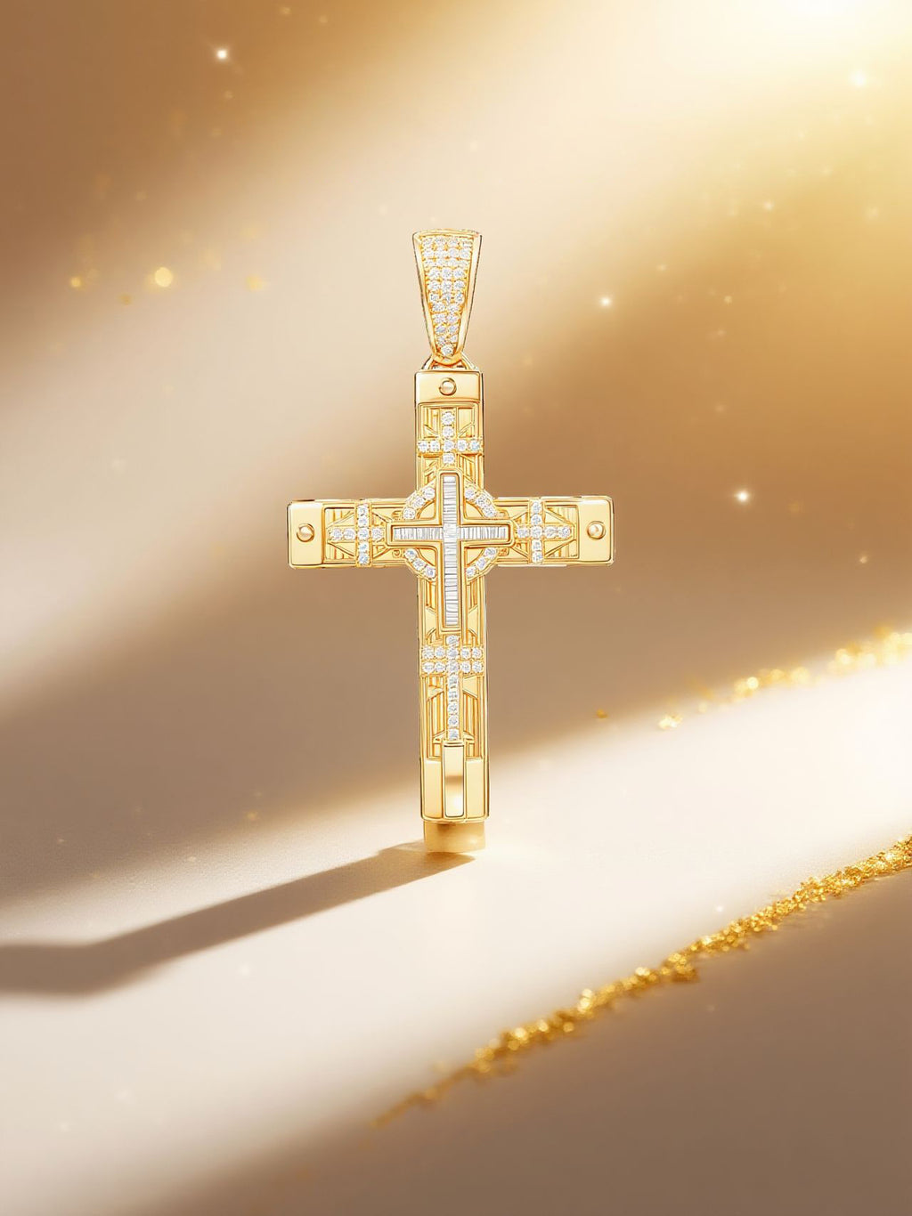 Own Your Bloom 14K yellow gold diamond cross pendant necklace in warm studio lighting, Miami style.