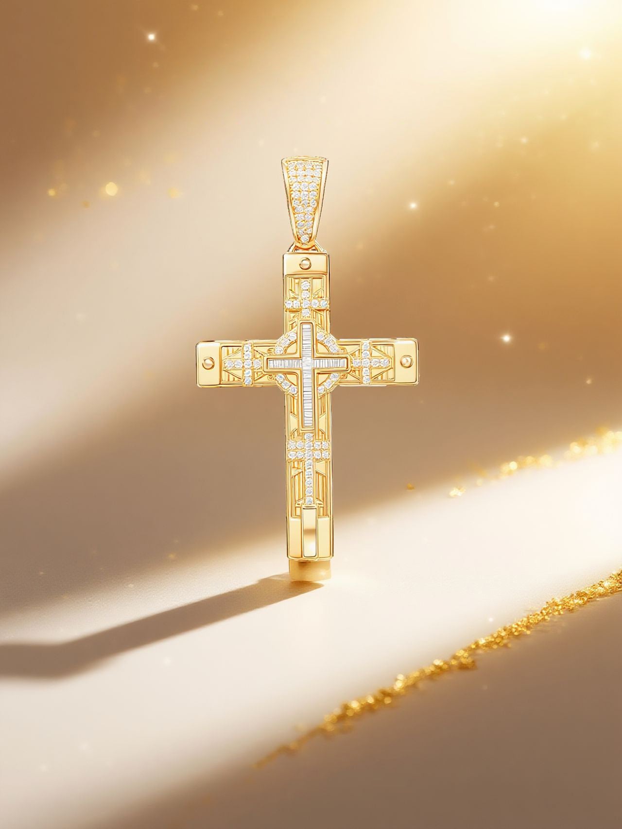 Own Your Bloom 14K yellow gold diamond cross pendant necklace in warm studio lighting, Miami style.
