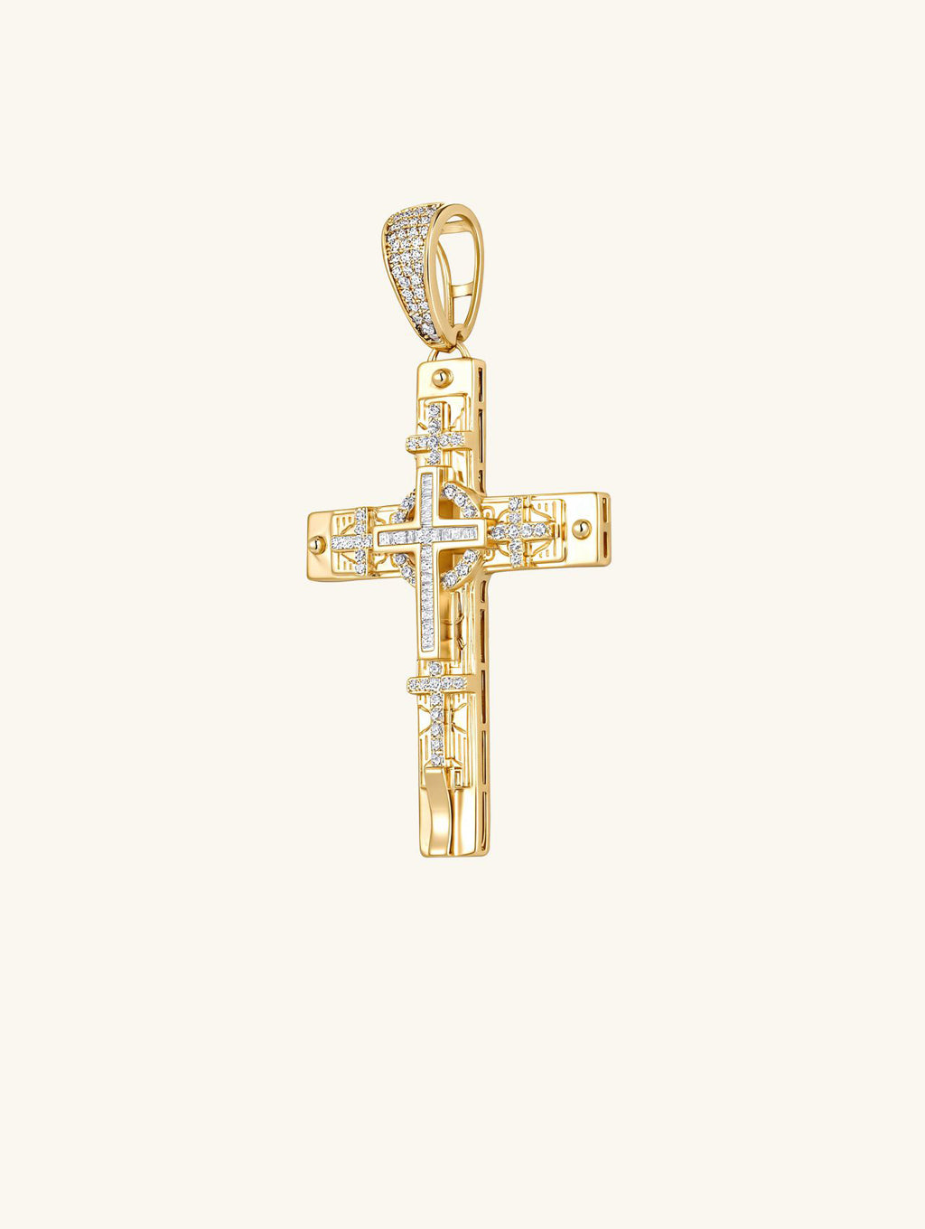 Side angle of Own Your Bloom 14K diamond cross pendant necklace on clean white, Chicago.