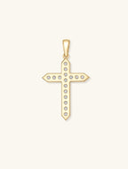 Product shot of Own Your Bloom 14K gold diamond cross pendant, clean white background, Chicago.