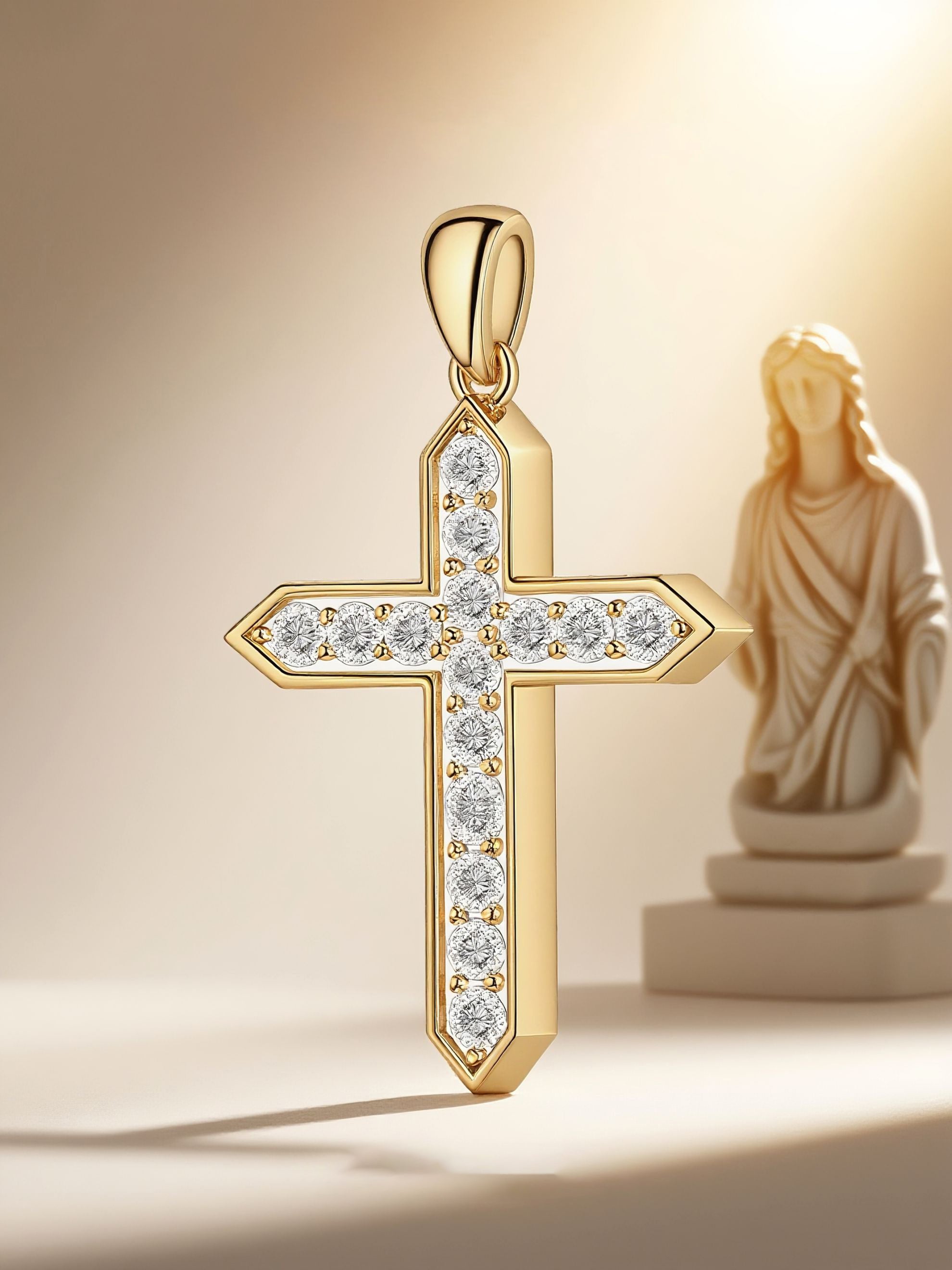 14K gold diamond cross pendant by Own Your Bloom with soft altar statue backdrop, Houston scene.