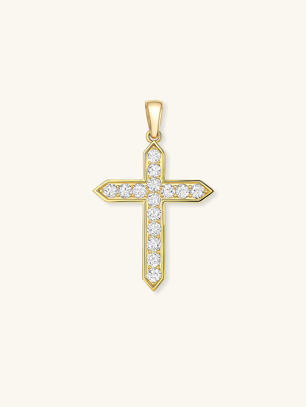 Own Your Bloom 14K gold diamond cross pendant necklace on white background, New York retail view.