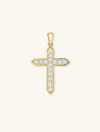 Own Your Bloom 14K gold diamond cross pendant necklace on white background, New York retail view.