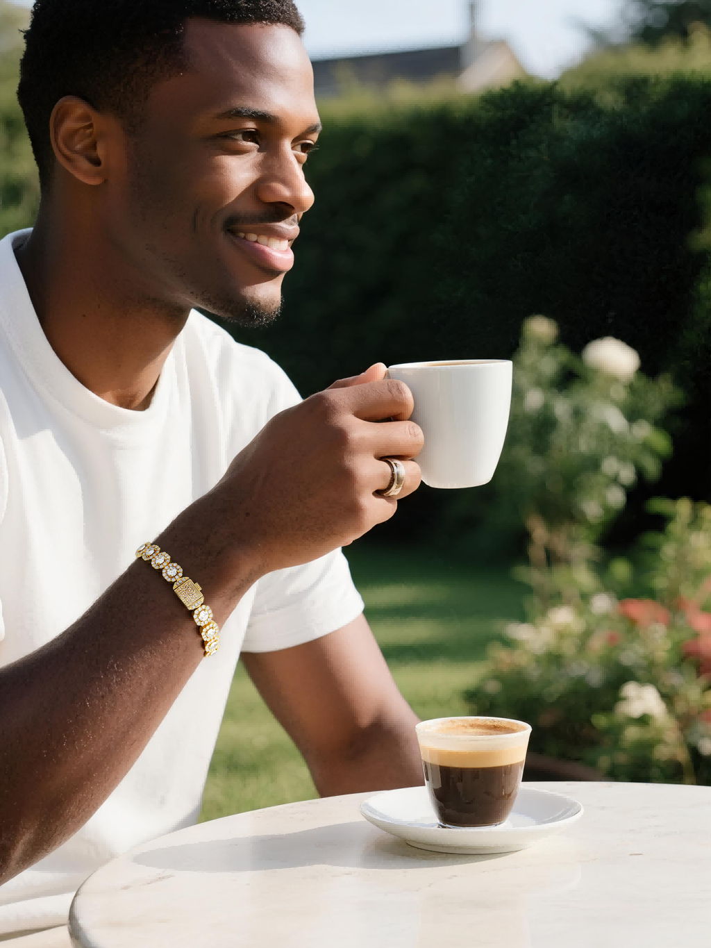 Own Your Bloom 14K gold diamond rock sugar bracelet on man smiling outdoors in sunshine, luxury jewelry lifestyle photography, Los Angeles.