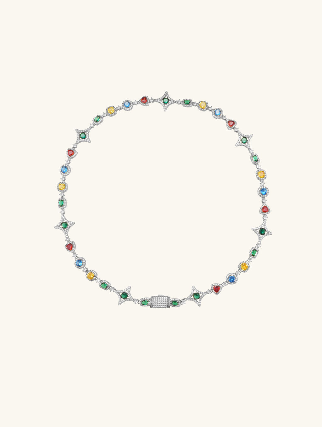 Own Your Bloom 14K gold gemstone necklace detailed shot with emerald, ruby, and sapphire accents, Chicago.