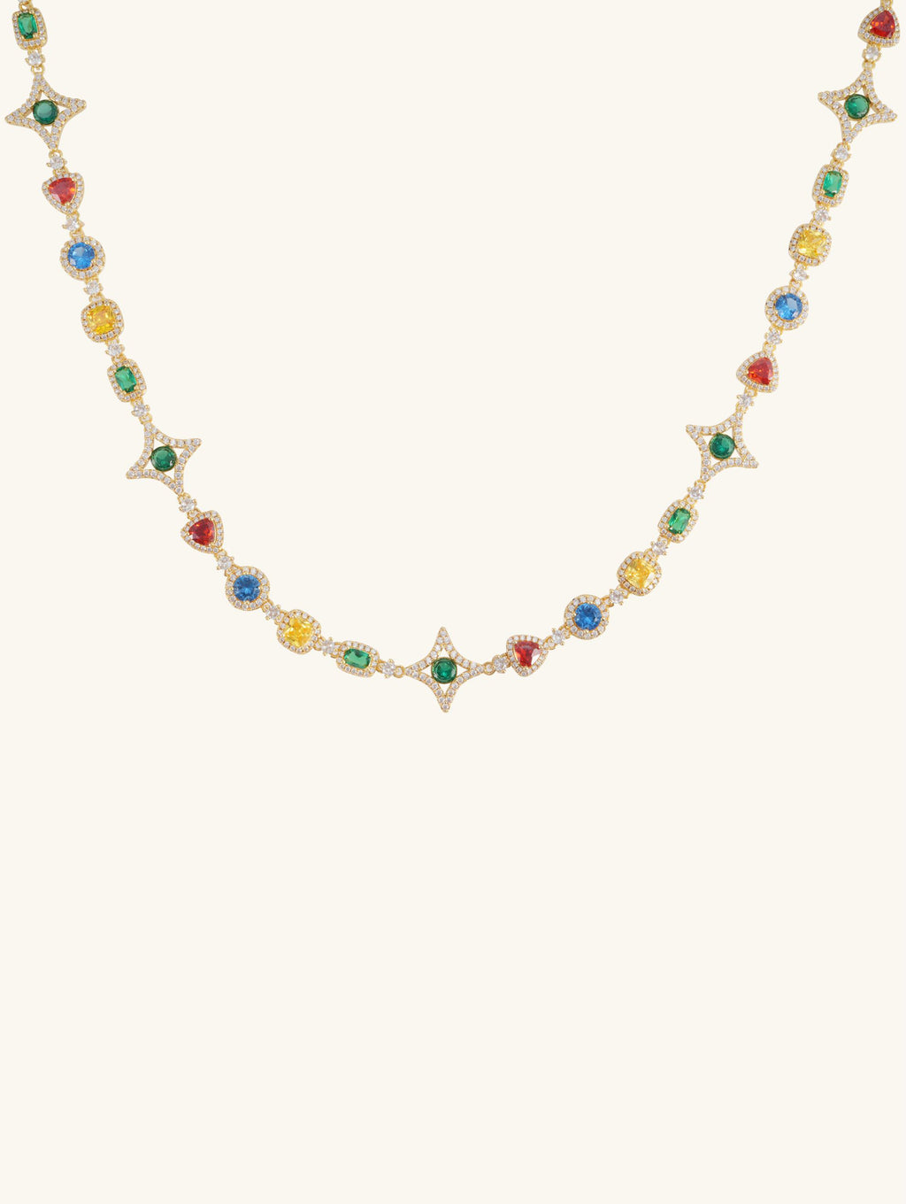Own Your Bloom 14K gold multicolor diamond necklace front view featuring vibrant gemstones in red, green, blue, and yellow, New York.