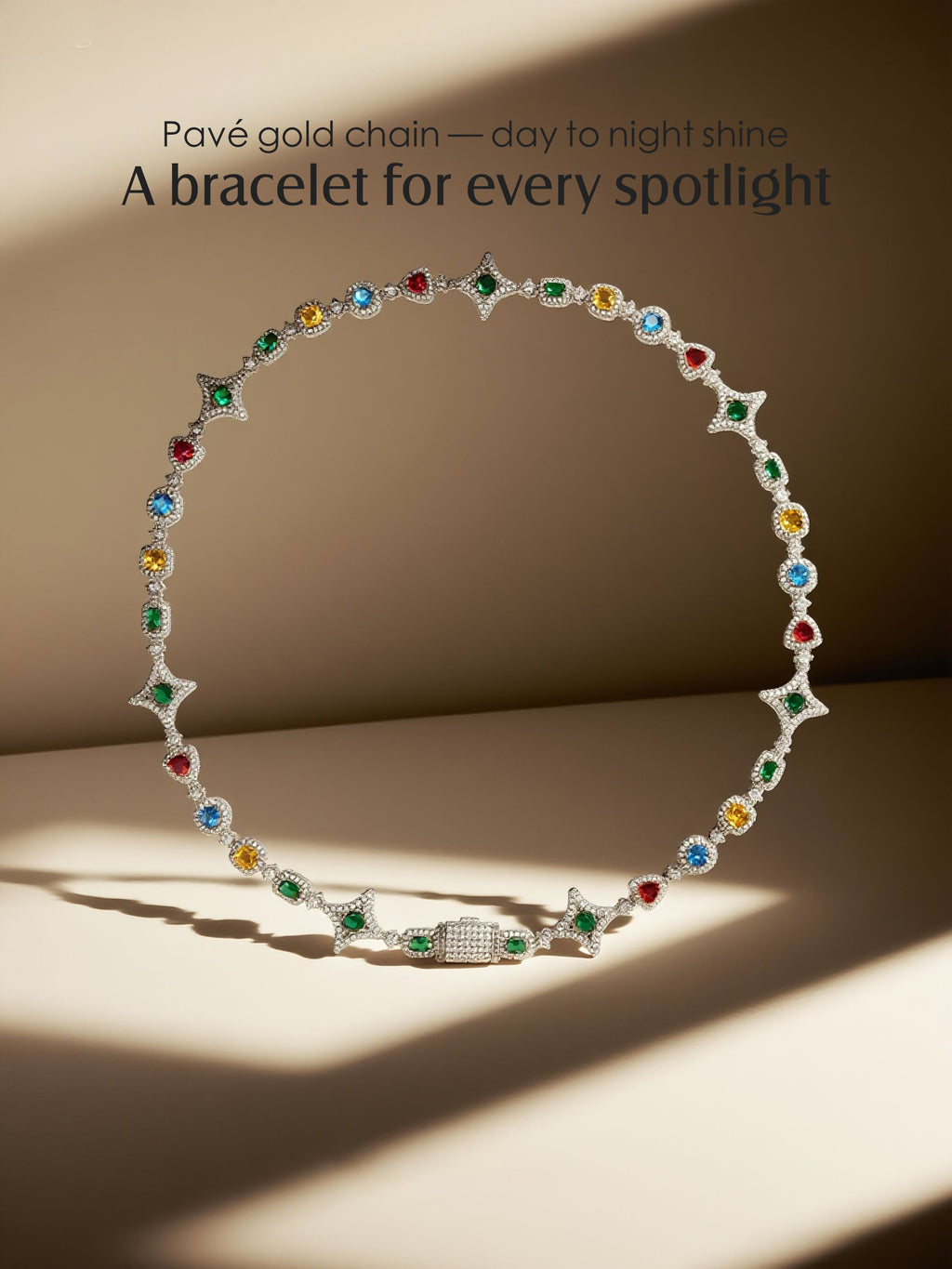 Own Your Bloom multicolor 14K gold diamond necklace displayed under soft studio light, luxury fine jewelry design, Miami.