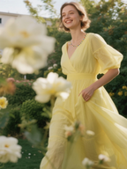 Own Your Bloom 14K gold multicolor diamond necklace worn by woman in sunshine garden, elegant feminine jewelry, Miami.