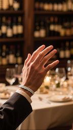 Own Your Bloom 14K geometric honeycomb bracelet worn by man in formal attire, modern sophistication and elegance, New York.