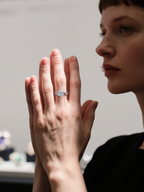 Woman model wearing Own Your Bloom 14K large round diamond ring, Miami fine jewelry look.