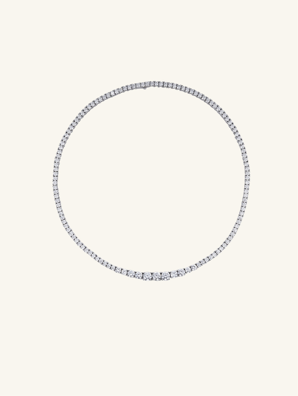 Own Your Bloom 14K moissanite tennis necklace front view showcasing brilliant round-cut stones in white gold, timeless luxury, New York.
