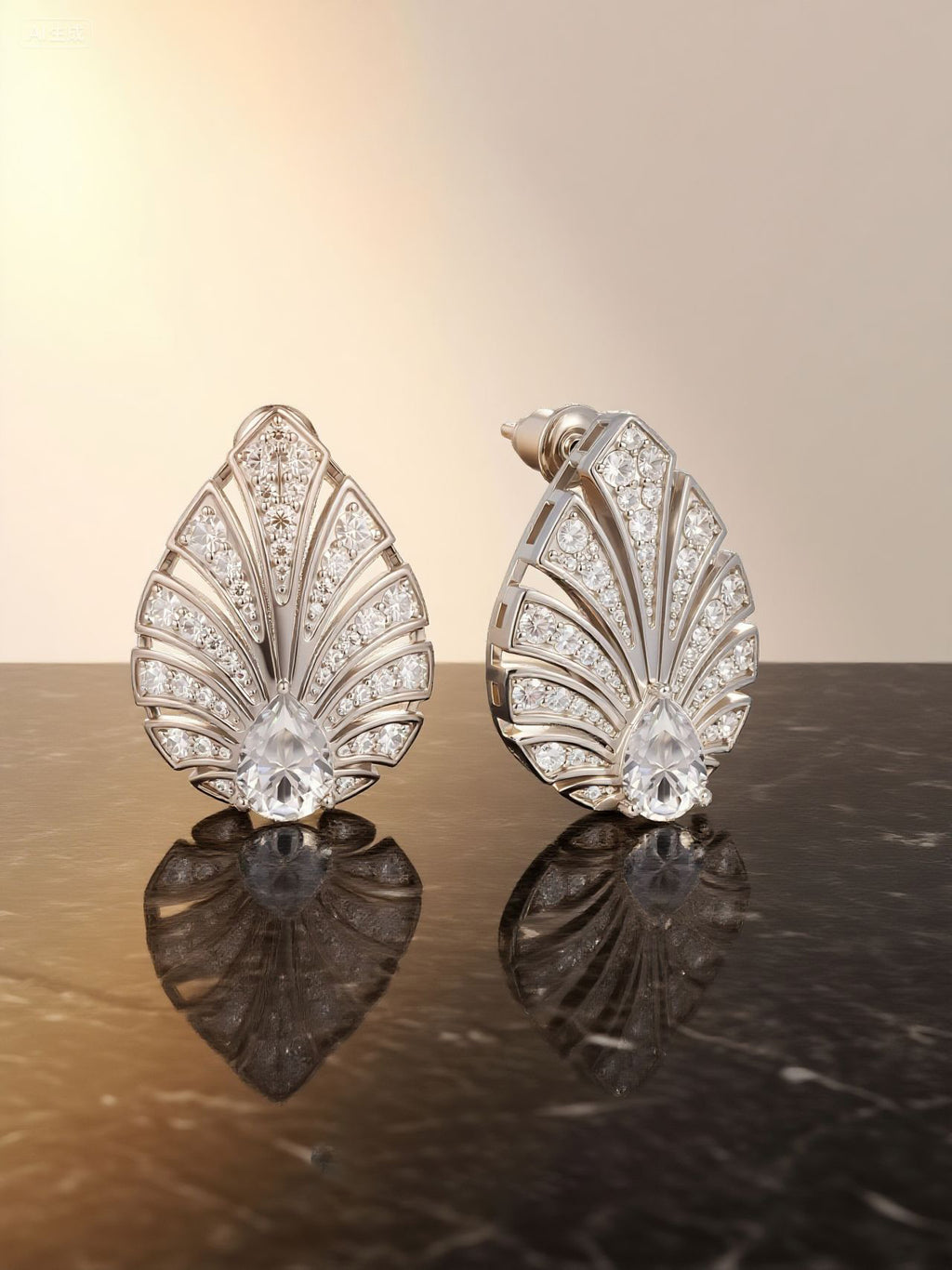 own your bloom pavé diamond fan earrings on black marble with warm sunrise light, San Francisco CA