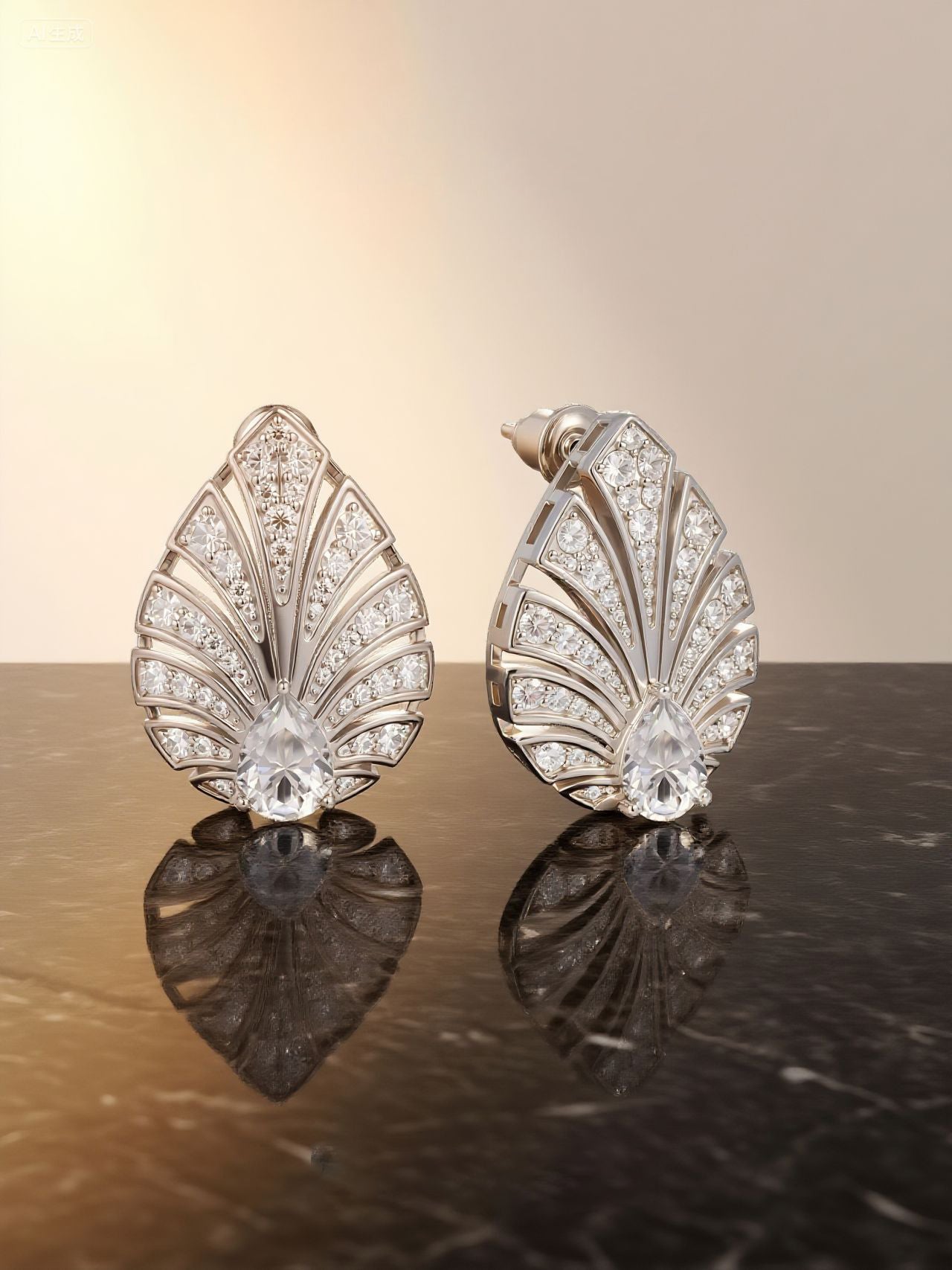 own your bloom pavé diamond fan earrings on black marble with warm sunrise light, San Francisco CA