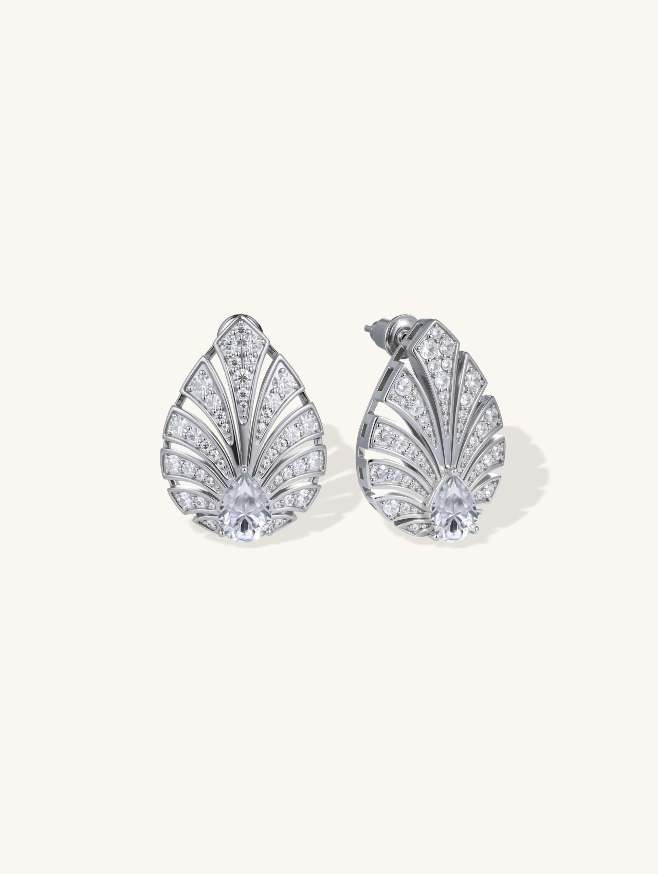 own your bloom pavé-set diamond fan earrings in 14K white gold, pair on white background, Los Angeles CA