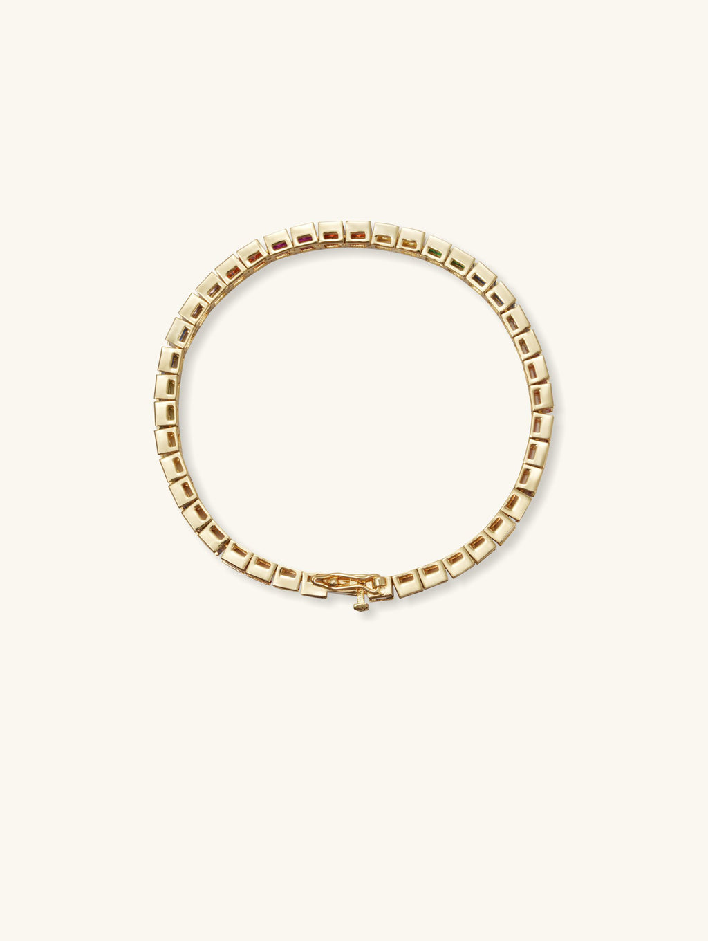 Own Your Bloom 14K rainbow diamond bracelet close-up showing multicolor sapphire and gold clasp detail, Chicago.