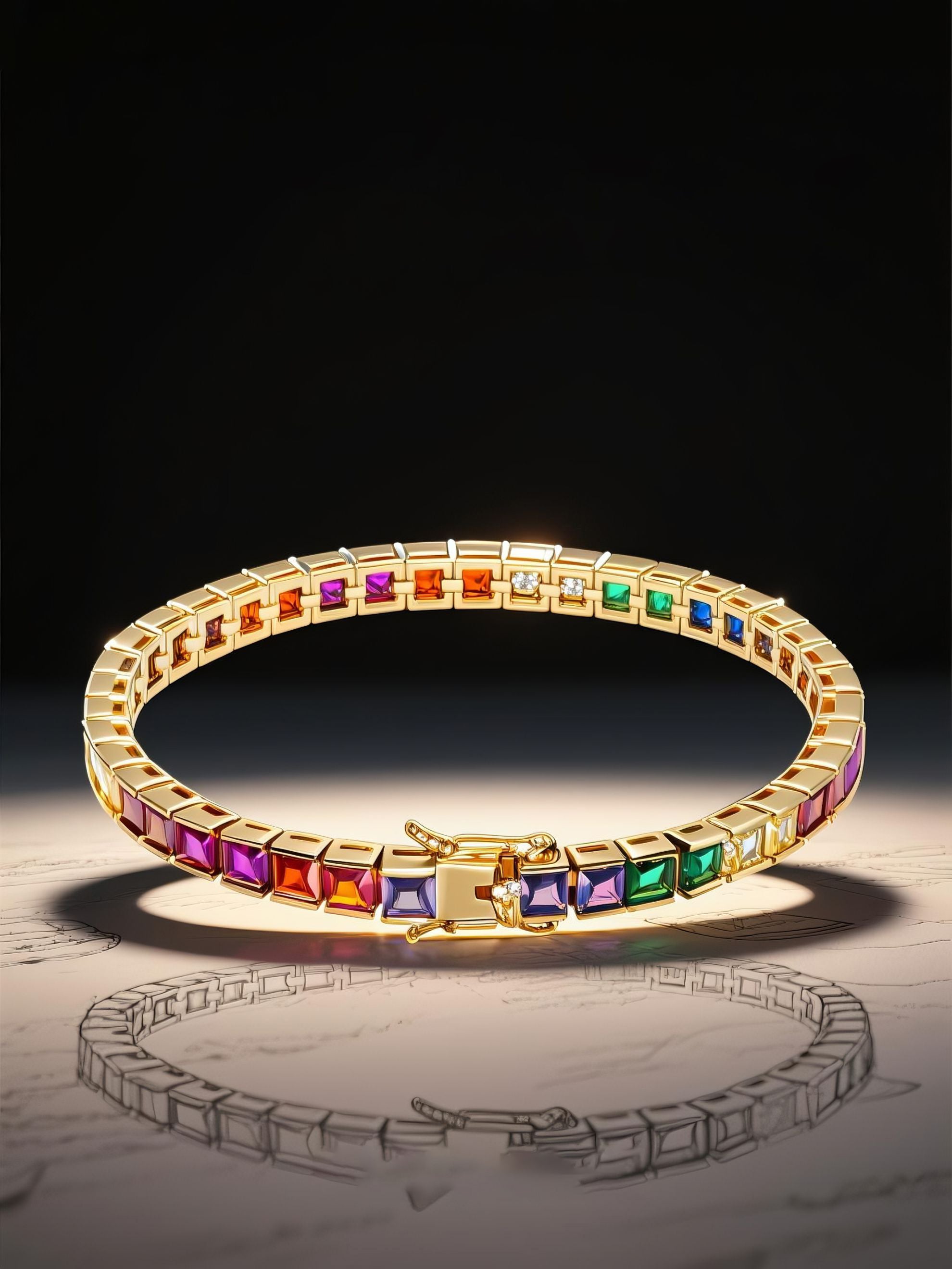 Own Your Bloom 14K rainbow diamond bracelet displayed with colorful reflection, luxury handcrafted fine jewelry, Miami.