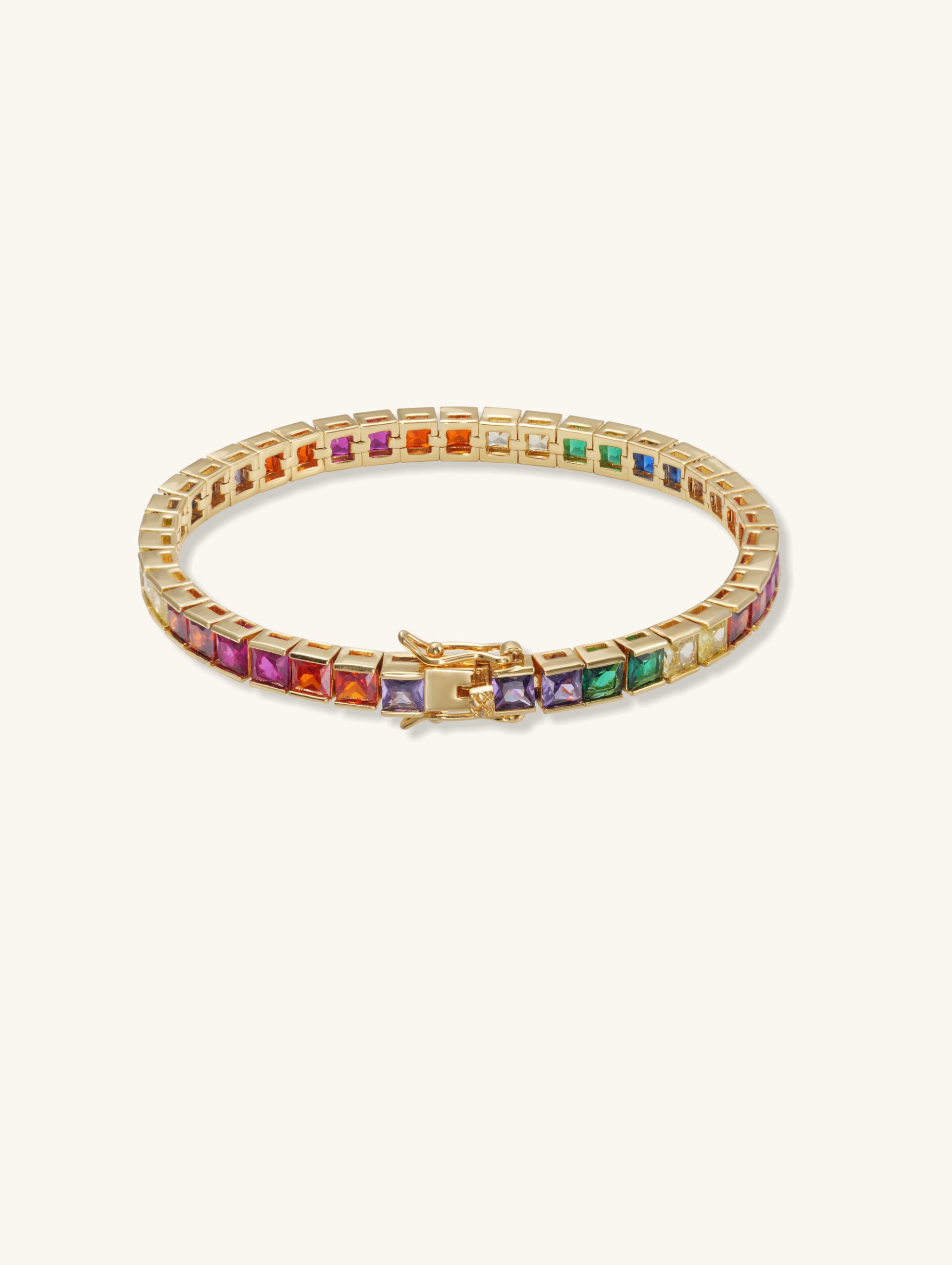 Own Your Bloom 14K rainbow diamond bracelet front view in yellow gold, vibrant gemstone jewelry design, New York.
