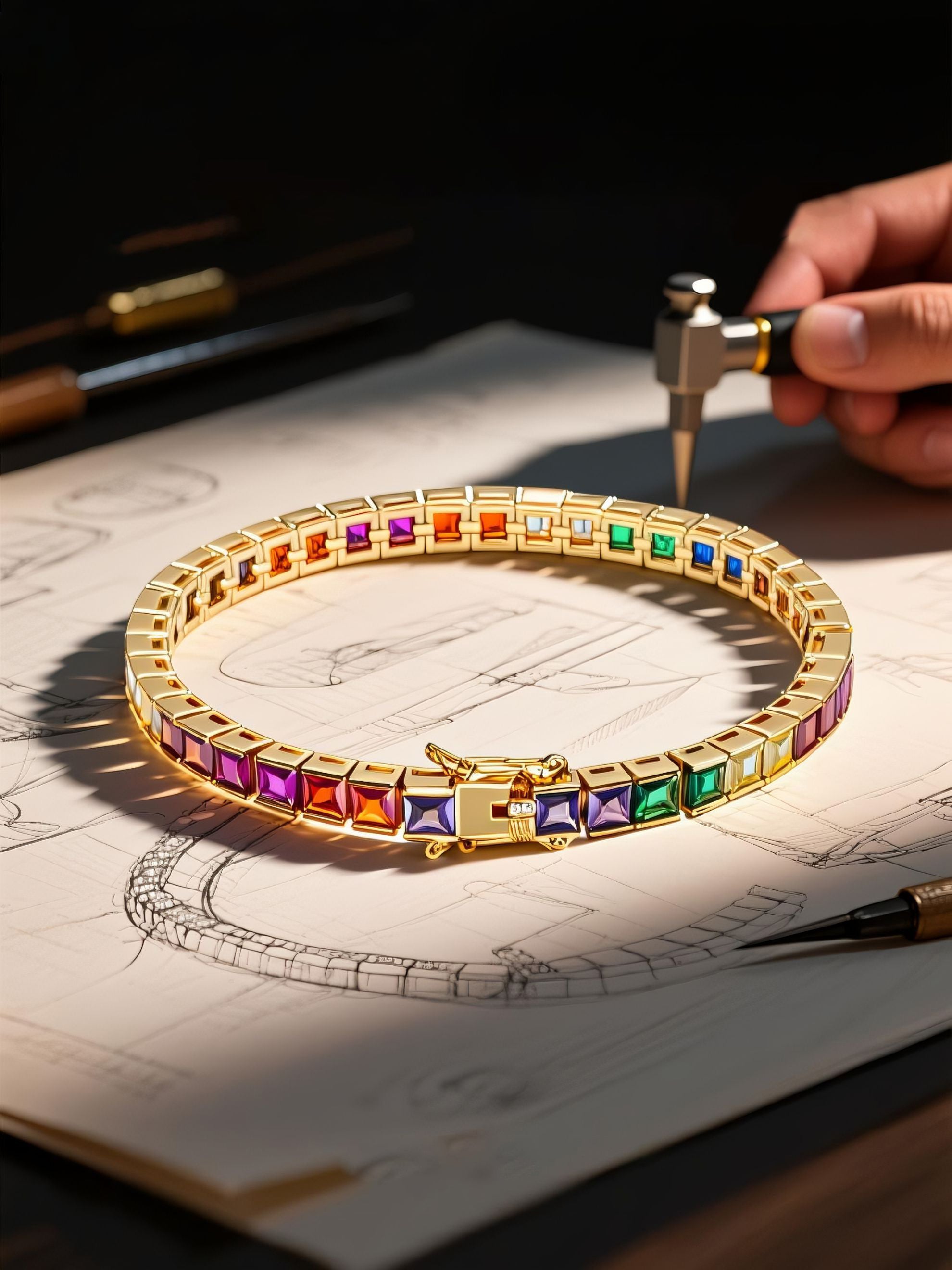 Own Your Bloom 14K rainbow diamond bracelet with radiant gemstones on gold setting, minimal luxury look, Seattle.
