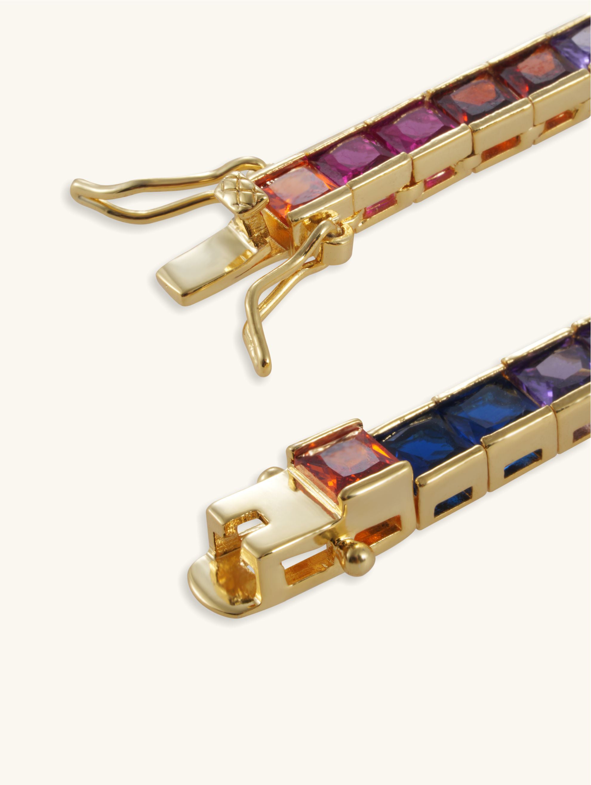 Own Your Bloom 14K rainbow diamond bracelet top view highlighting square gemstone arrangement, San Francisco.