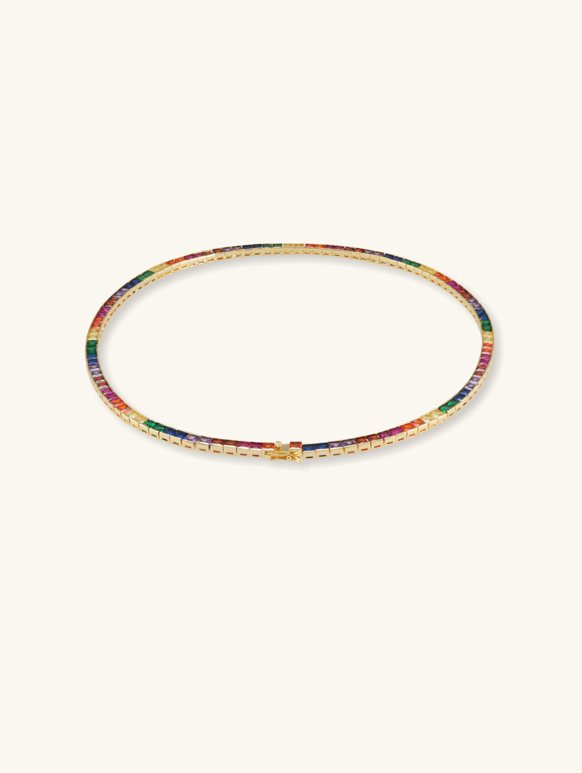 Own Your Bloom 14K rainbow diamond tennis necklace shown in full circle on white, Chicago.