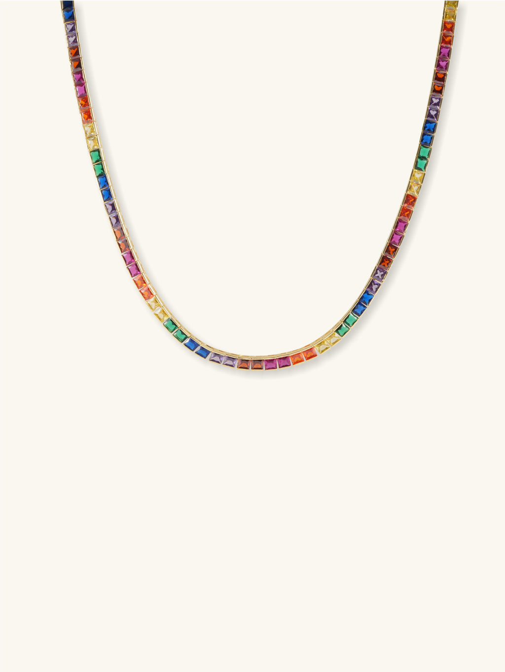 Own Your Bloom 14K rainbow diamond necklace, front product view on white background, New York.