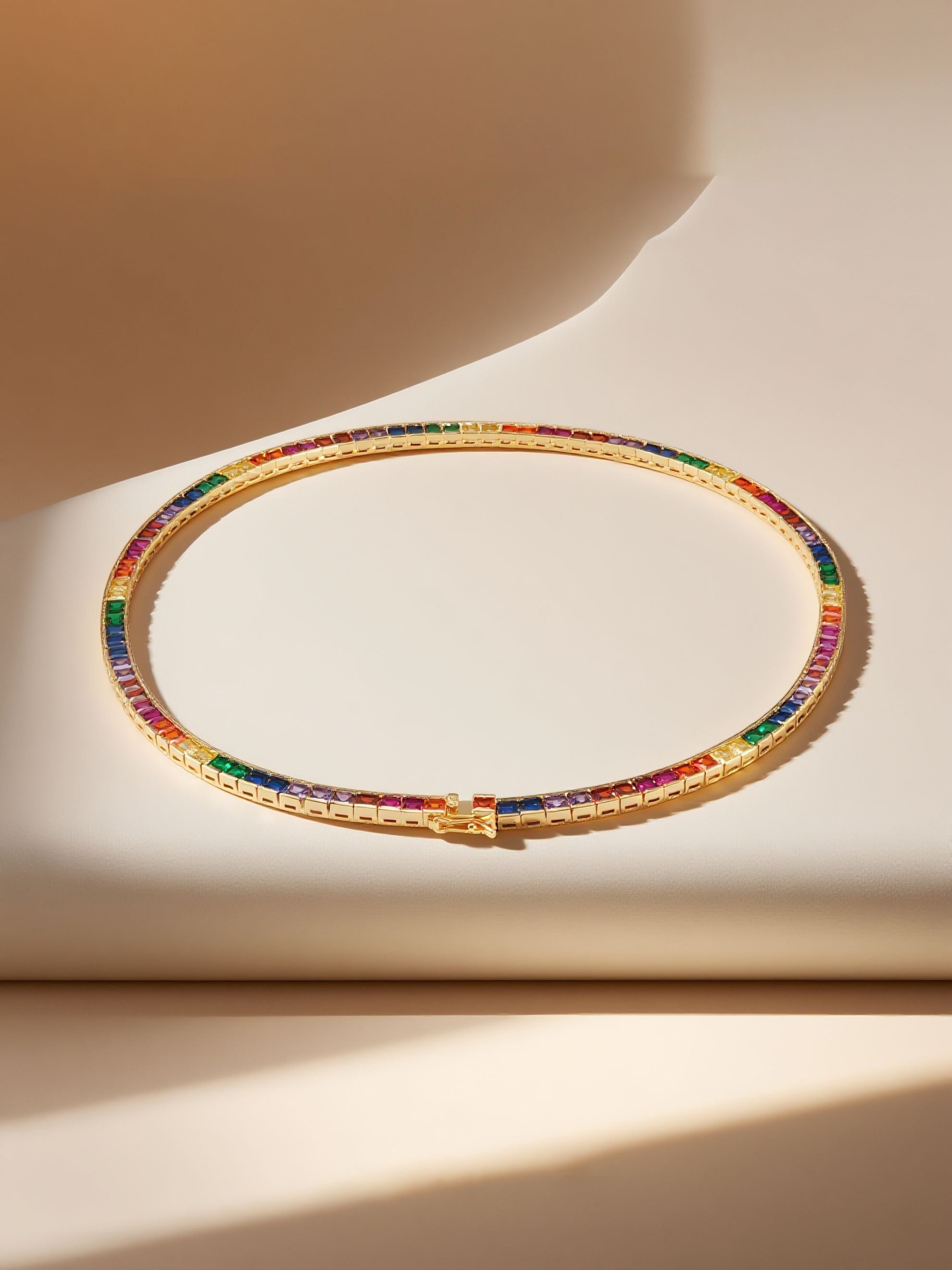 Own Your Bloom 14K rainbow diamond necklace in soft studio light with minimal backdrop, Miami.