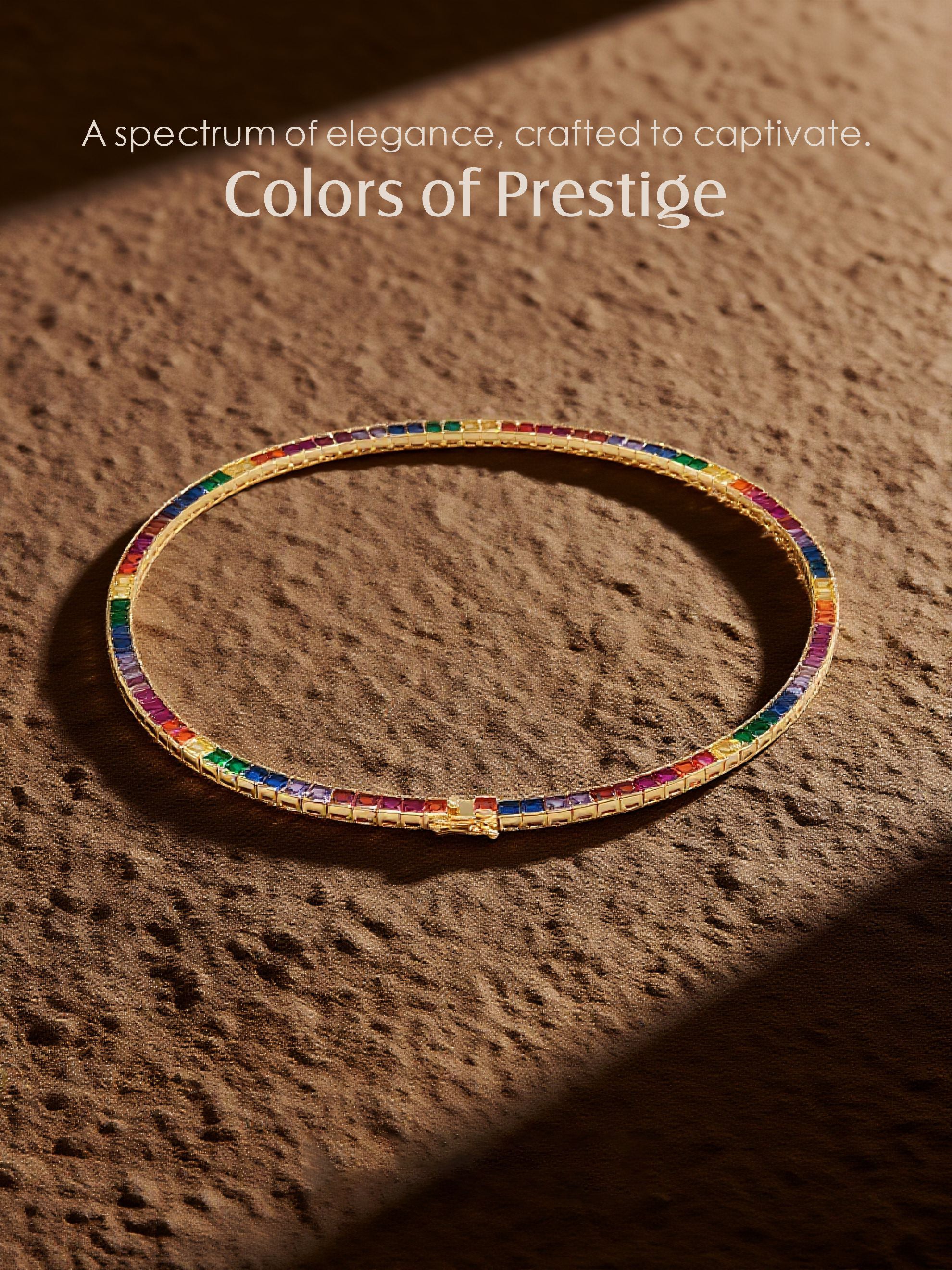 Own Your Bloom colorful tennis necklace styled on warm earthy background, lifestyle composition, Austin.