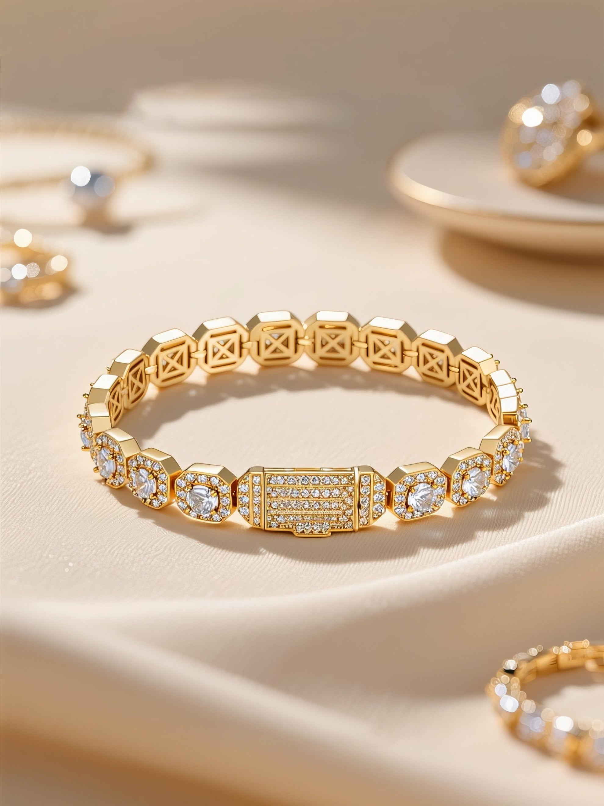 Own Your Bloom 14K diamond rock sugar bracelet displayed under soft light, elegant gold brilliance in luxury jewelry setting, Los Angeles.