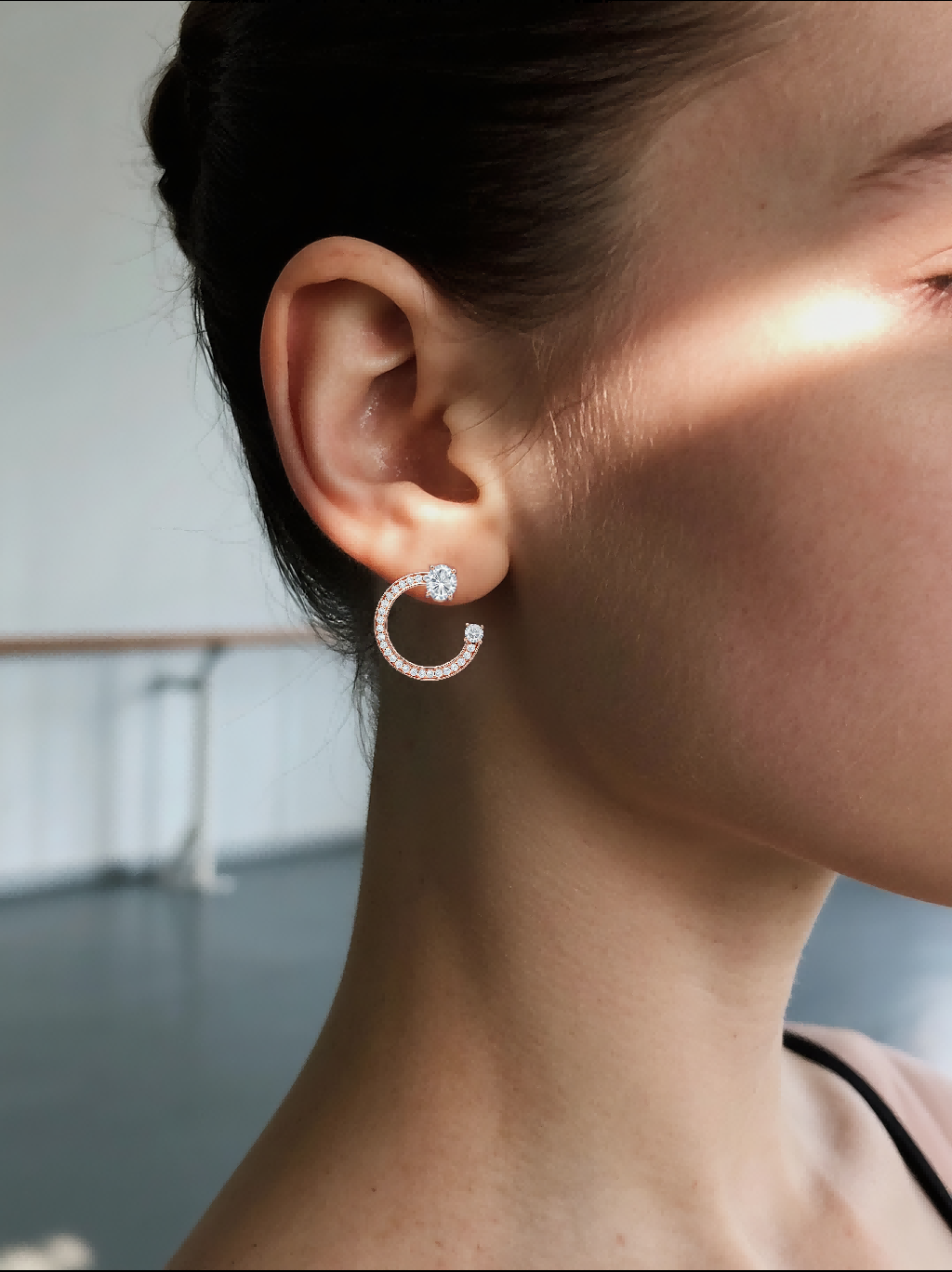 Own Your Bloom 14K rose gold open-circle earrings on woman, side profile portrait, Dallas.