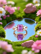 Own Your Bloom Pink Treasure Wings diamond 14K ring displayed on floral garden scene, radiant pink gemstone in sunshine, Chicago.