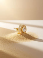 Back view with push backs of Own Your Bloom 14K round full-gold diamond stud earrings on clean white, United States.