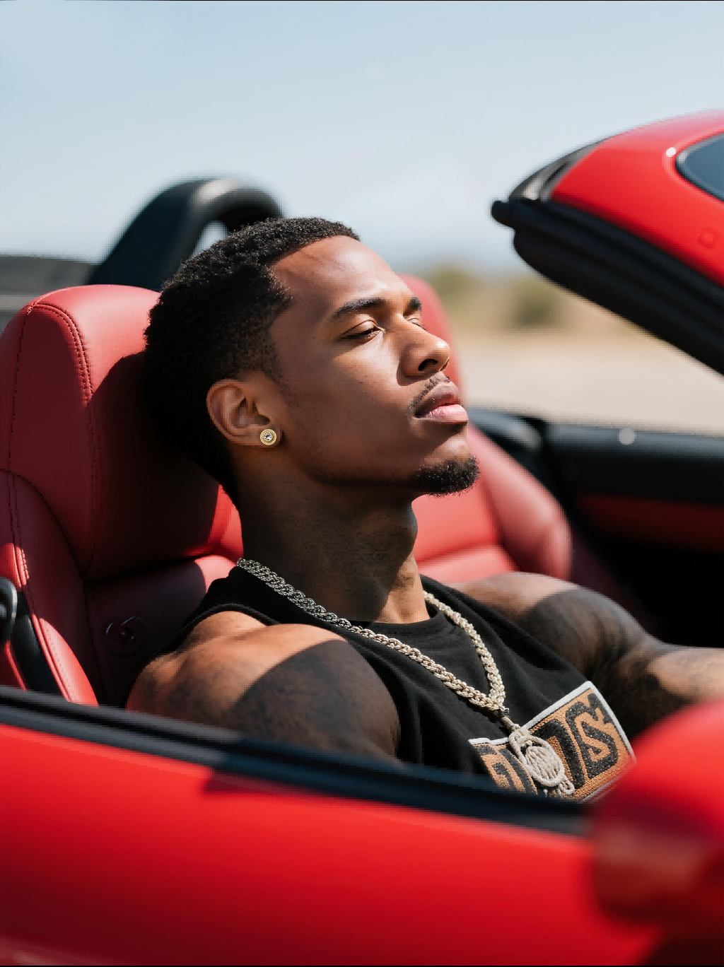 Man leaning against a city wall wearing Own Your Bloom round full-gold diamond stud earring, urban daylight portrait in New York, USA.