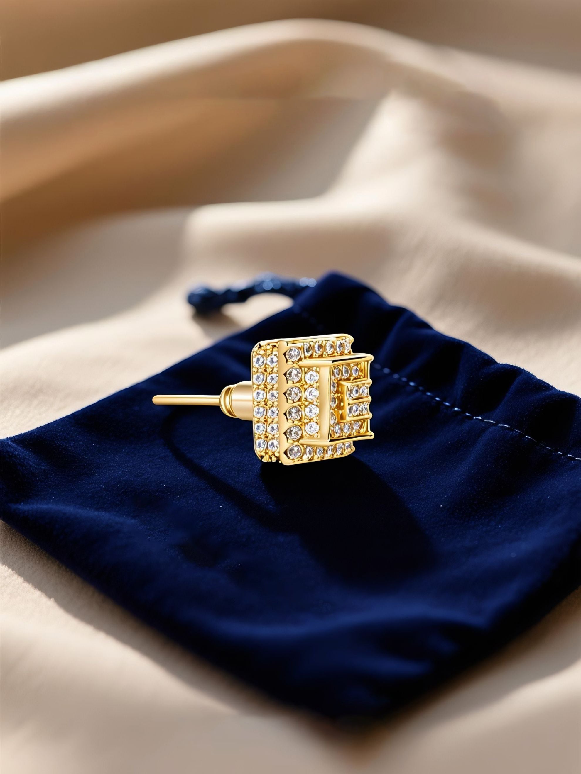 Own Your Bloom 14K gold diamond flower square stud earrings displayed in velvet jewelry box under soft light, Los Angeles.