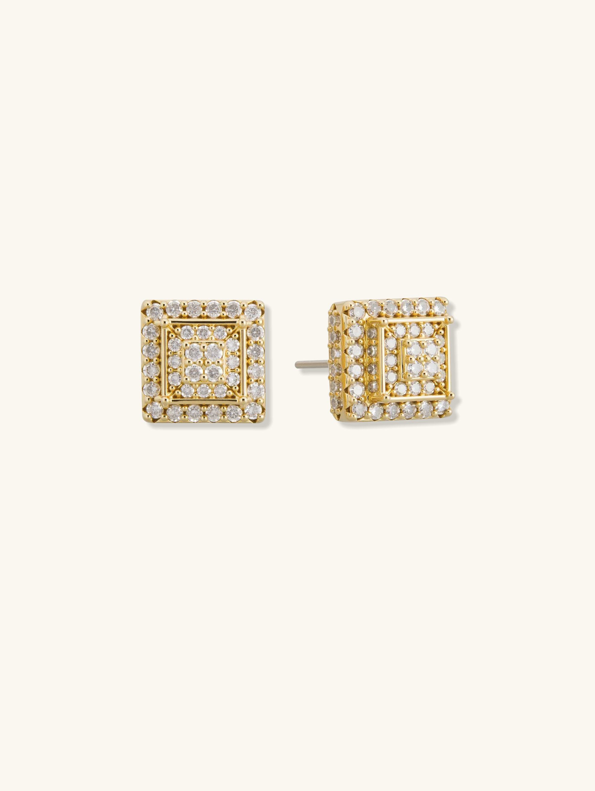 Own Your Bloom 14K square flower head diamond stud earrings front view in gold with pave setting, New York.